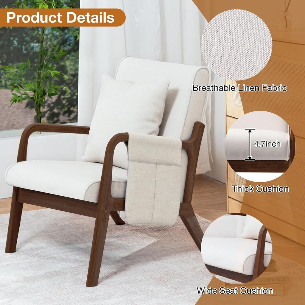 HOMMPA Mid-Century Modern Accent Chair Set of 2, Comfy Reading Armchair with Solid Wood Frame & Lumbar Pillow, Upholstered Linen Lounge Chair with Side Pocket for Living Room, Bedroom,Balcony(Beige)