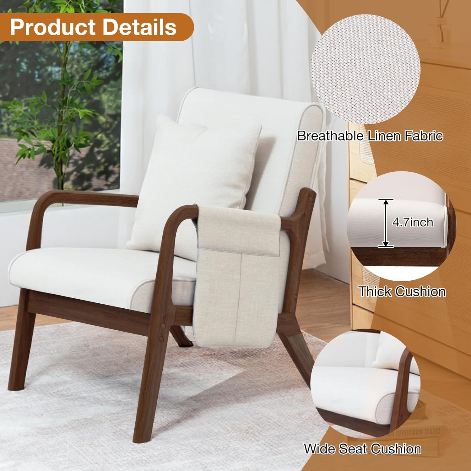 HOMMPA Mid-Century Modern Accent Chair Set of 2, Comfy Reading Armchair with Solid Wood Frame & Lumbar Pillow, Upholstered Linen Lounge Chair with Side Pocket for Living Room, Bedroom,Balcony(Beige)
