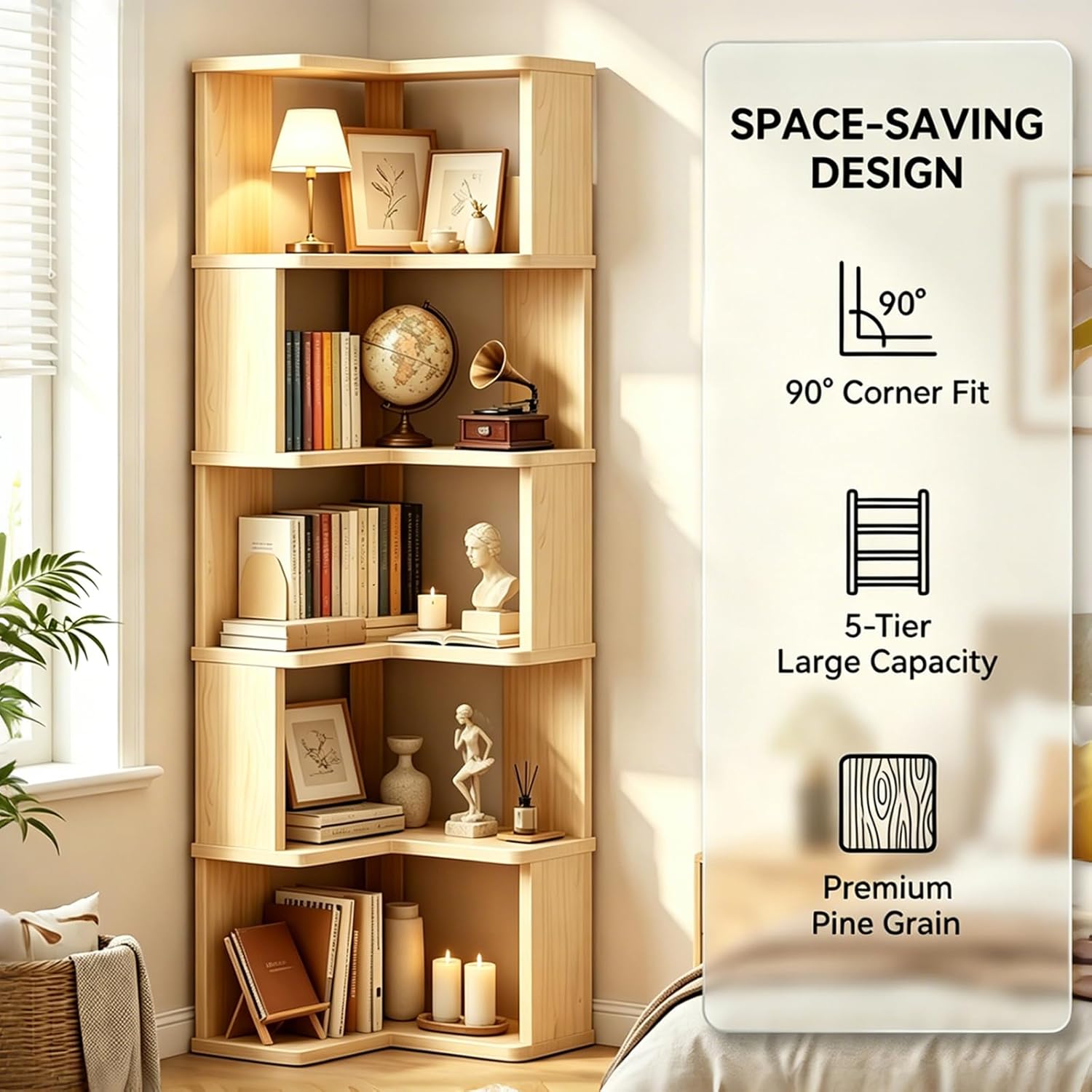 Corner Book Shelf, 6-Shelf Corner Bookcase with Baffle, Wooden Bookshelf with Open Storage, L Shaped Shelves for Small Spaces, Living Room, Home Office, Bedroom, Kitchen, Natural (6-Tier-1)