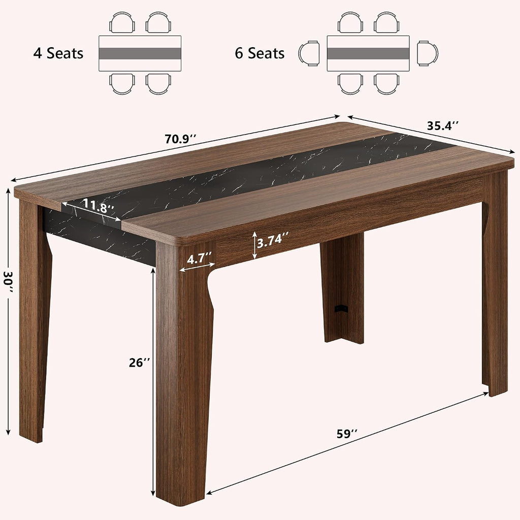 iPormis Farmhouse 71" Long Dining Table for 6-8 People, Marble Texture Finish Kitchen Table with Sturdy Wooden Frame, Rectangle Dining Table for Dining Room, Kitchen, Brown