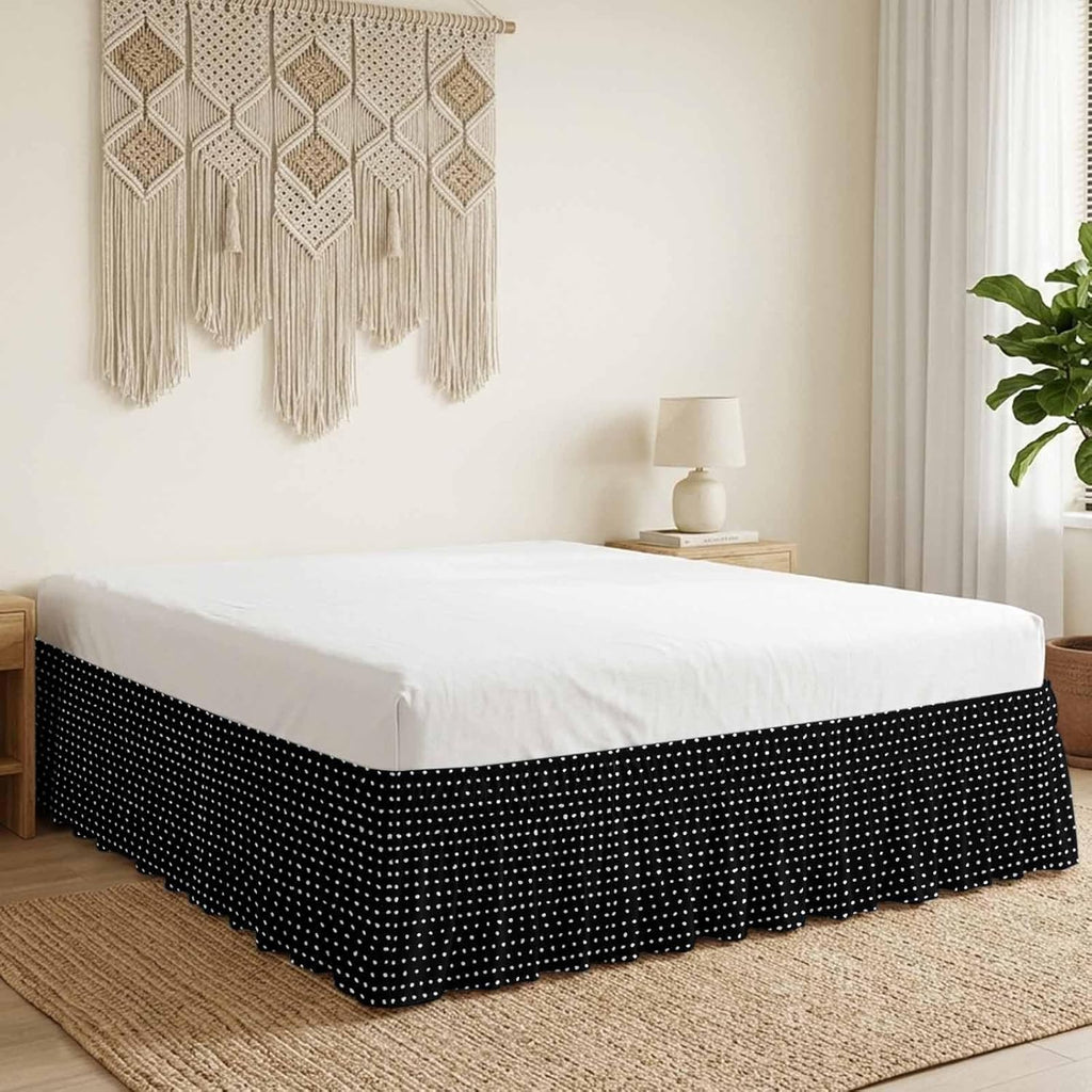 Black Bed Skirt Cal King Size 18 Inch Drop, Adjustable & Elastic Wrap Around Bed Skirts Pleated Luxury Dust Ruffles For Twin Full Queen Cal King Base Bed, Abstract White Polka Dot Geometric Modern Art