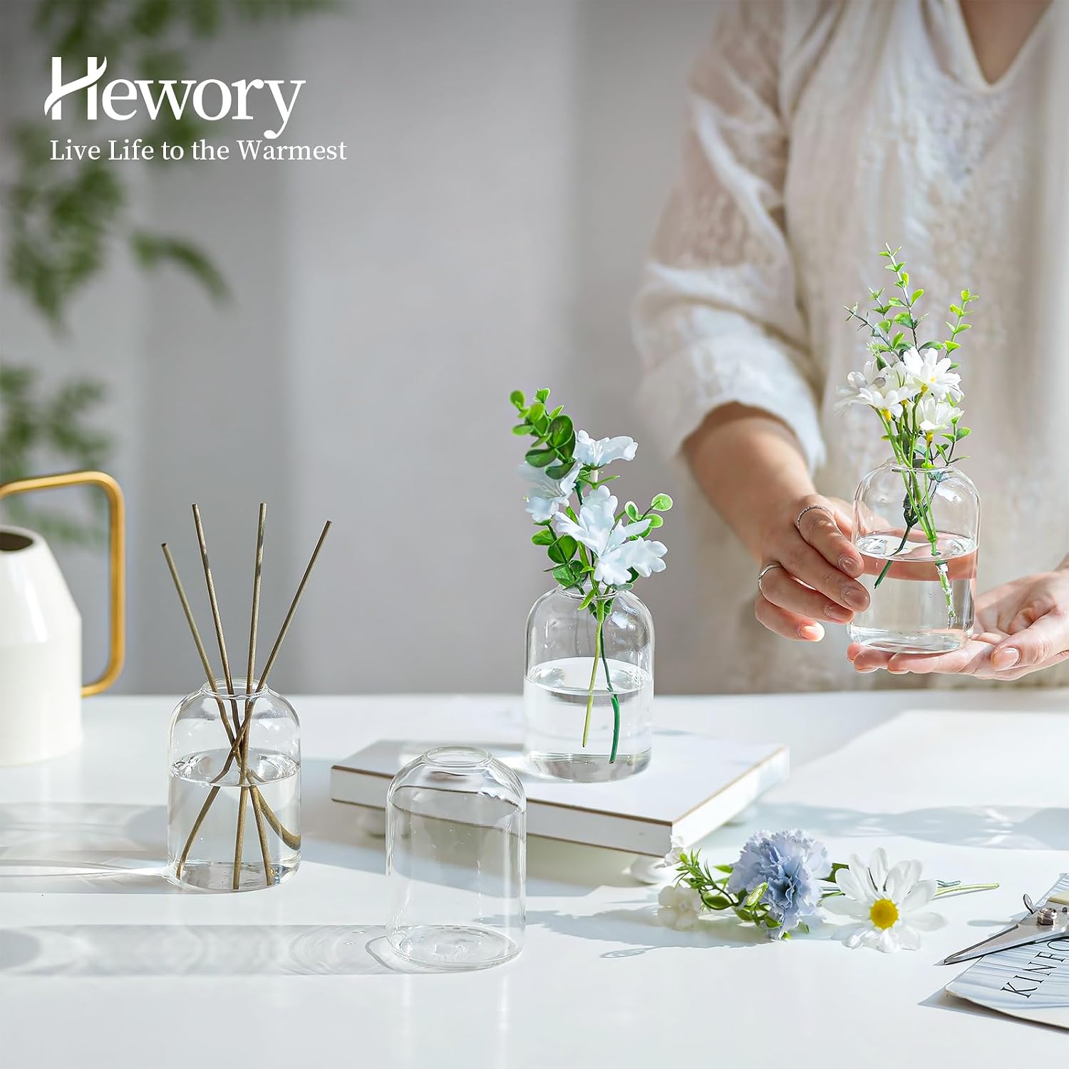 Hewory Glass Bud Vases for Centerpieces: Set of 12 Blown Clear Small Vase Bulk, Mini Cute Flower Vase for Floral Arrangement, Modern Decorations for Wedding Party Event Table Decor, 3.7"(H)×2.75"(D)
