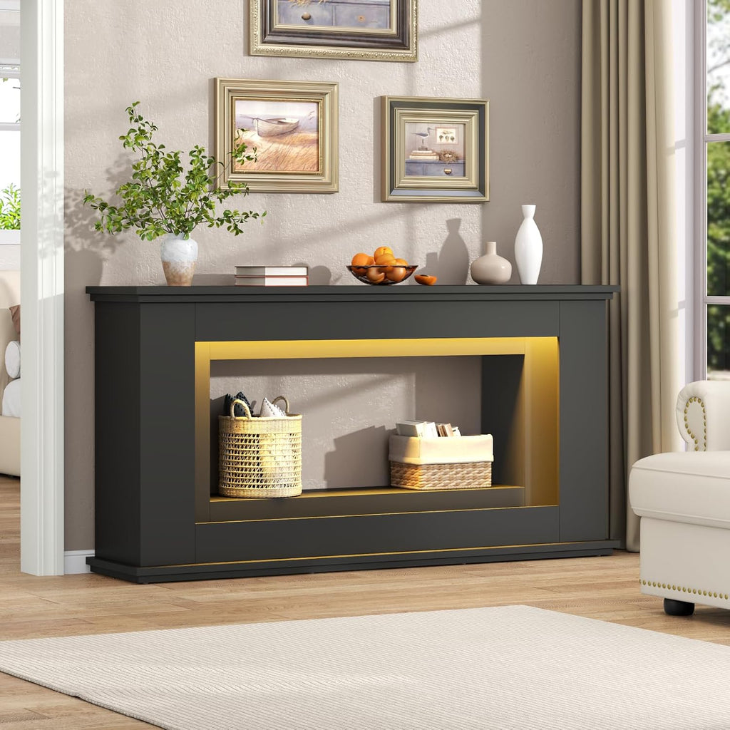 Loomie 63” Long Console Tables for Entryway, Narrow Long Entry Table with LED Lights, 2-Tier Sofa Table Behind Couch, Modern Hallway Accent Table for Living Room, Entrance (Black)