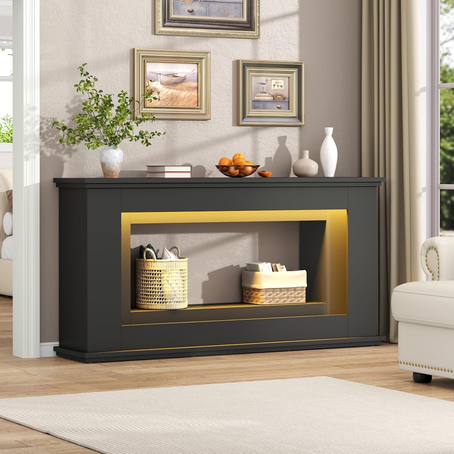 Loomie 63” Long Console Tables for Entryway, Narrow Long Entry Table with LED Lights, 2-Tier Sofa Table Behind Couch, Modern Hallway Accent Table for Living Room, Entrance (Black)