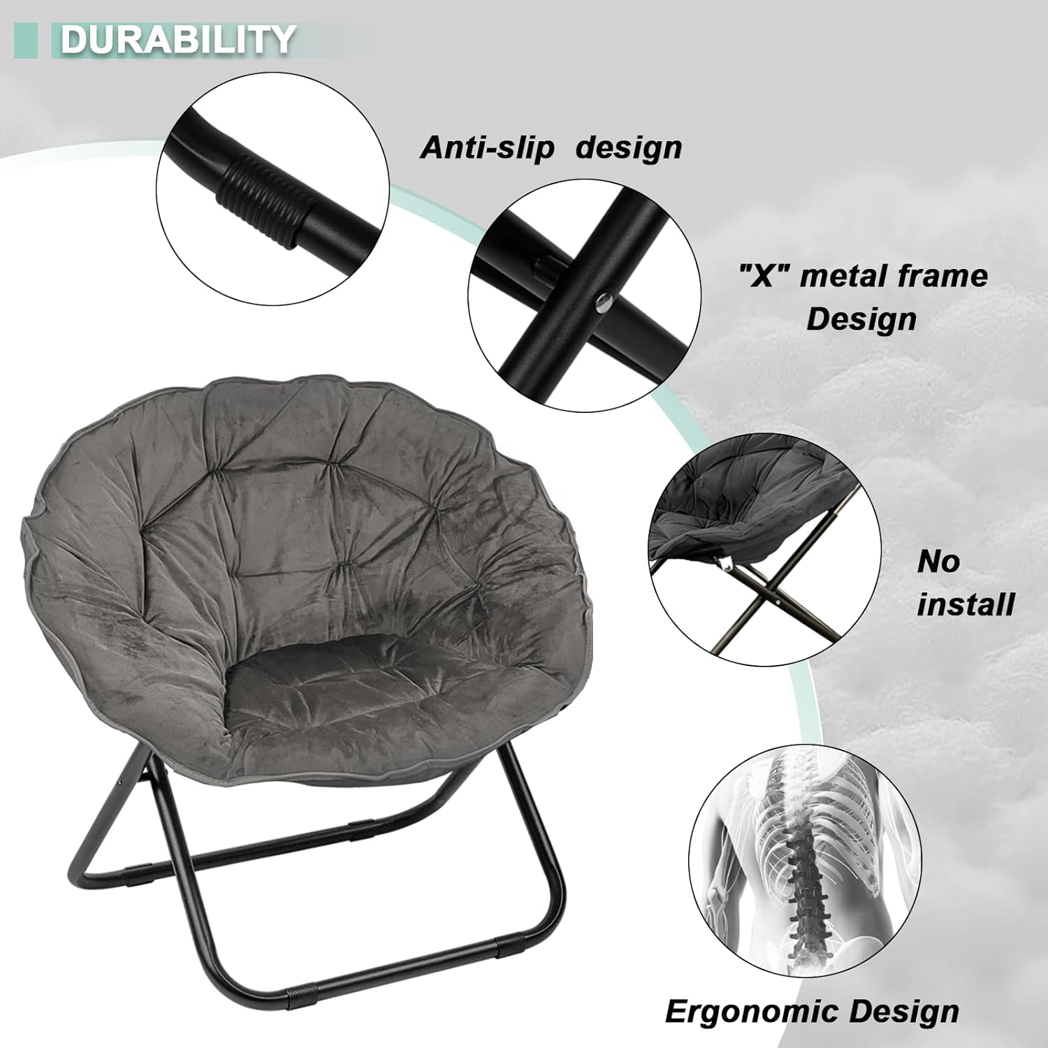 Folding Saucer Chair, Faux Fur Saucer Chairs for Adults Teens, Comfy Moon Chairs with Metal Frame for Bedroom, Living Rooms, Apartments, Camping, Lounging, Garden and Courtyard (Grey)