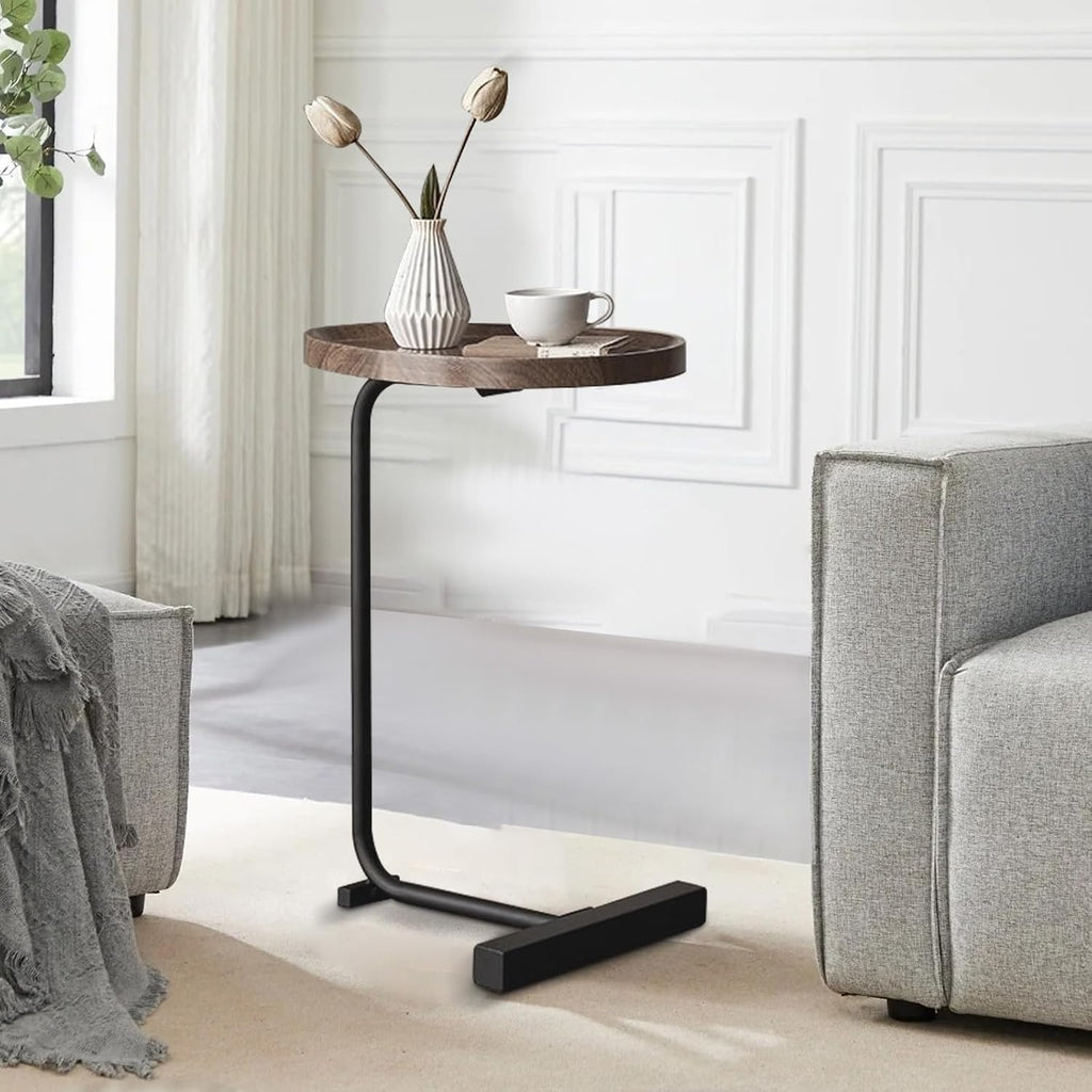 LUCKYERMORE C Shaped End Table,Sofa Side Table with Metal Base,Large Circular Tray Wood Top,Easy Install Heavy Duty Side Table,TV Tray for Couch Sofa,17.7 * 11.8 * 24.4inches