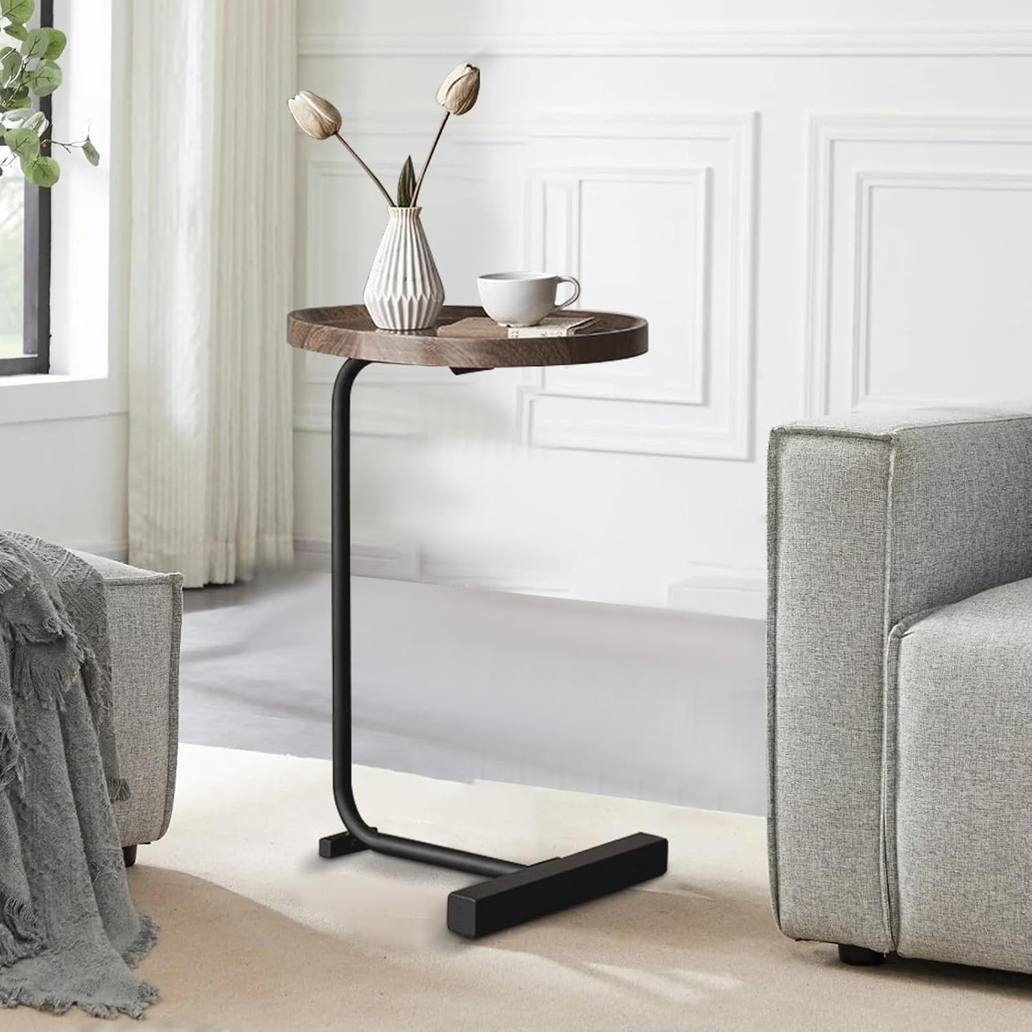 LUCKYERMORE C Shaped End Table,Sofa Side Table with Metal Base,Large Circular Tray Wood Top,Easy Install Heavy Duty Side Table,TV Tray for Couch Sofa,17.7 * 11.8 * 24.4inches