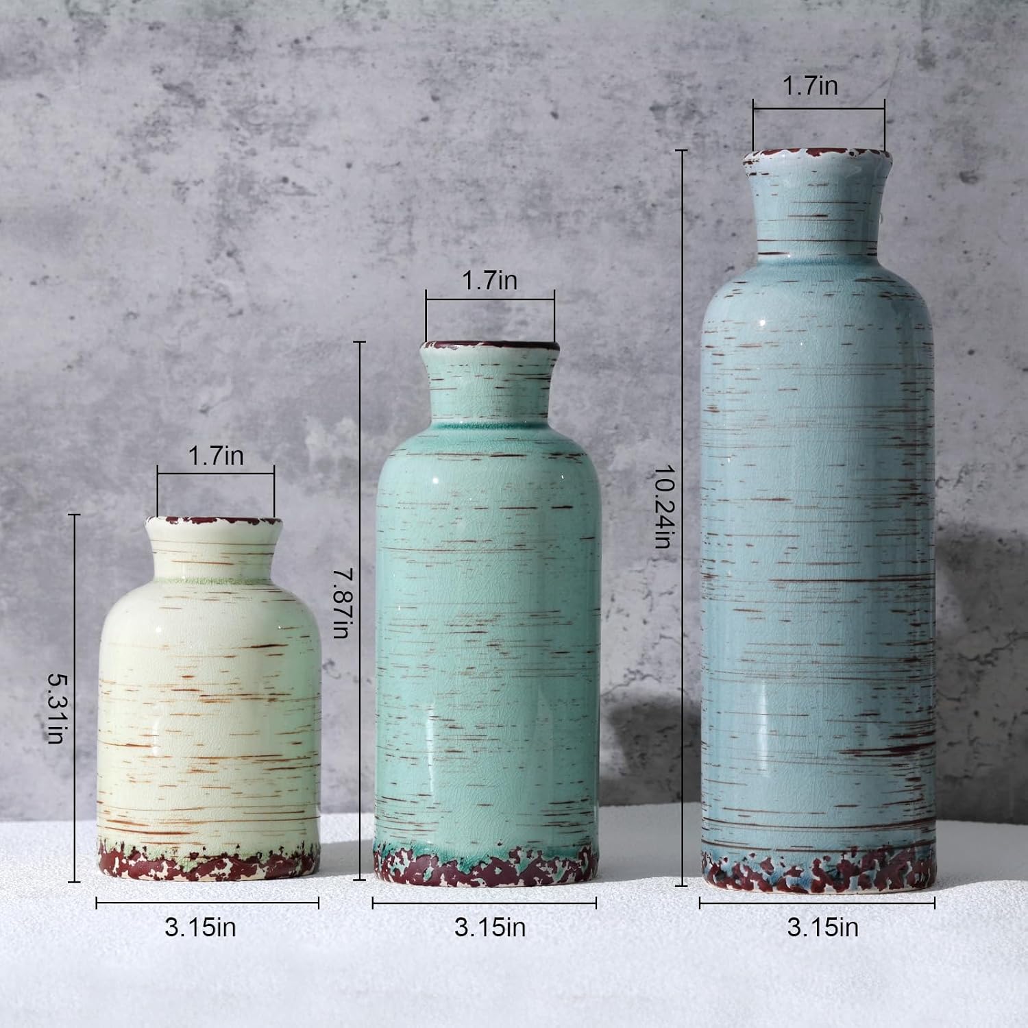 Ceramic Vase Set of 3, Vintage Glaze, Available in Three Simple Colors and Sizes, Elegant Home Decor for Living Room, Bedroom, Office, and Table Centerpieces (Multi-Gray-Blue)