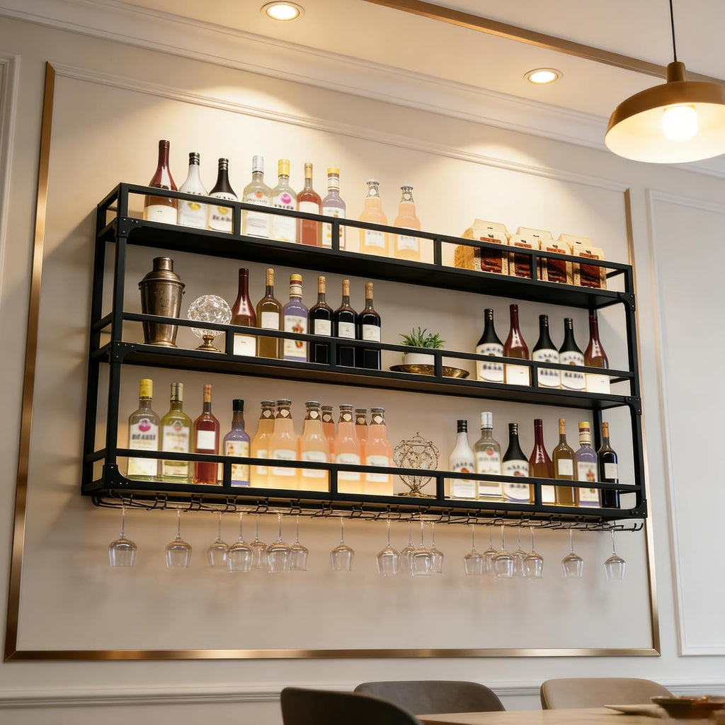 71in Wall Mounted Wine Rack, Wine Rack Wall Mounted with Wine Glass Rack, Metal Bottle Display Shelf Wine Cups Hanging Holder, for Home Bar Cafe Dining Room Decoration (A-BLACK, 70.8 * 10 * 35.5IN)