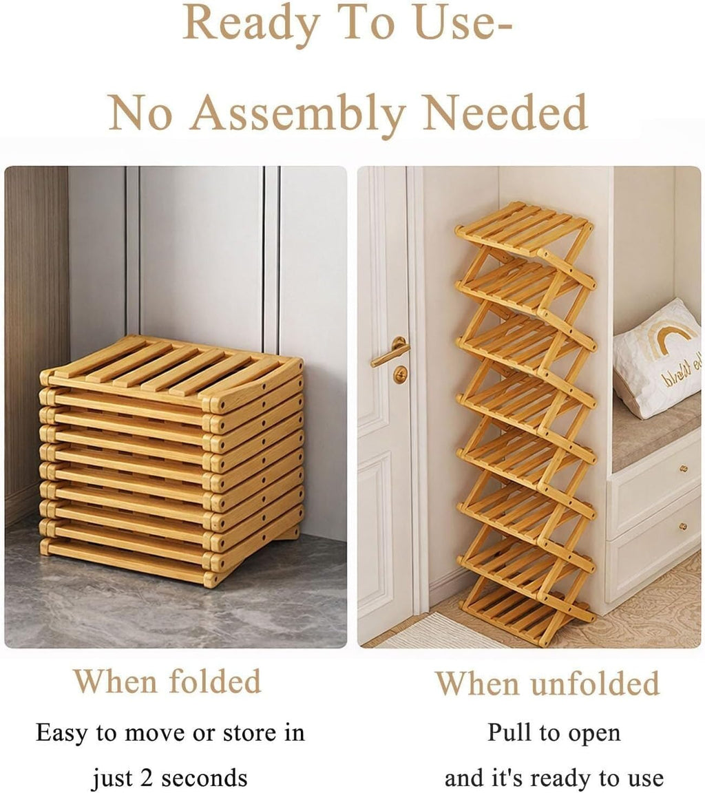 9-Tier Pre-Assembled Bamboo Storage Shelf — Foldable Bamboo Corner Shoe Rack | Space-Saving, Narrow Shoe Rack (No Assembly Required) — Ideal for Entryways, Closets, and Dorm Rooms (Brown, 9-Tier)