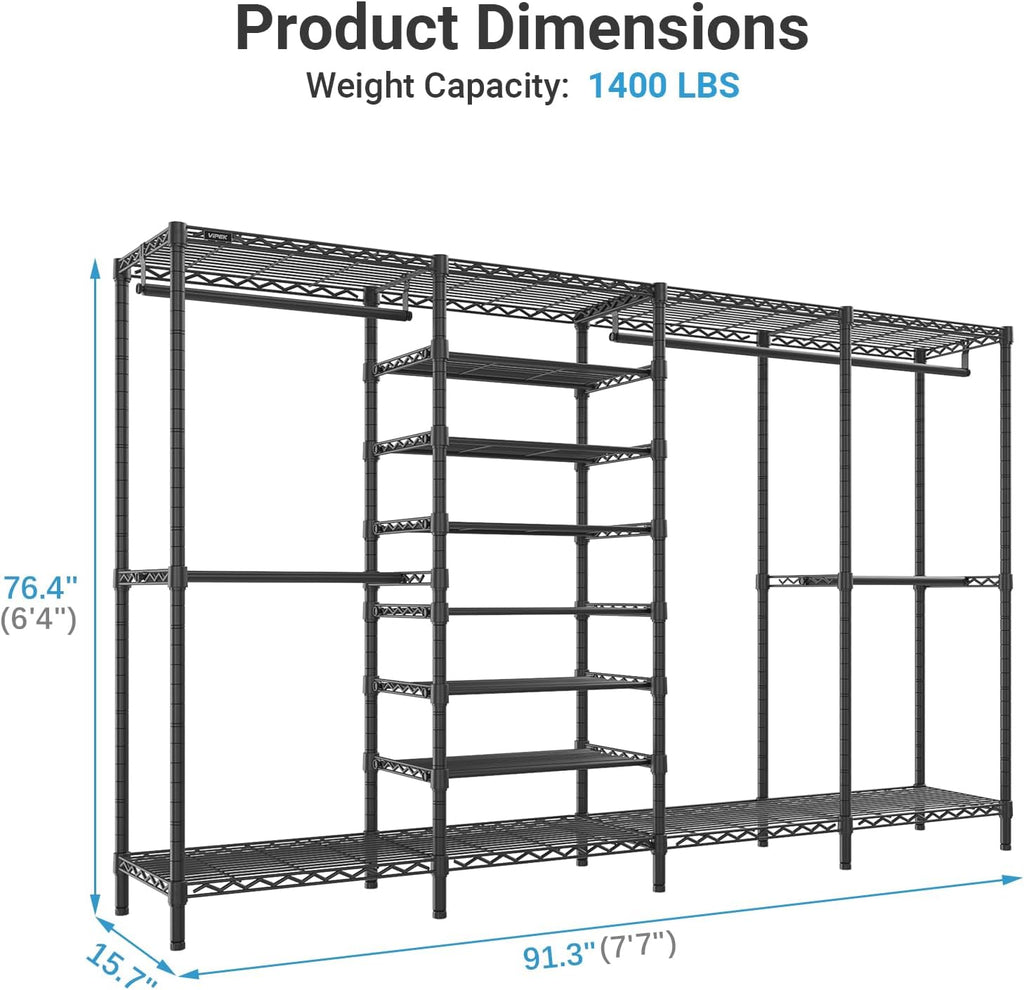 VIPEK S4 Heavy Duty Clothes Rack with Shoe Shelves Freestanding Clothing Rack with 8-Tier Shoe Rack, 4 Hanging Rod, Adjustable Shelf, Walk in Closet Organizer Garment Rack, Black