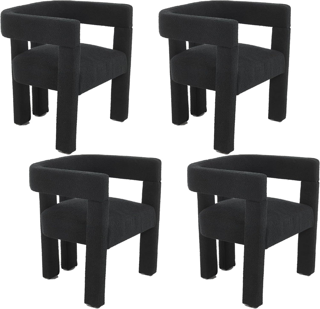Boucle Barrel Side Chairs Set of 4, Modern Designed Upholstered Compy Sherpa Teddy Fabric Accent Kitchen/Dining Chair, Kitchen Armchair for Living Room office Dining Room Bedroom (Black, Set of 4)