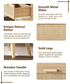 Keehusux 23.6" W Rattan Nightstand with Charging Station and 2 Drawers | Large Bedside Table, Wooden End Table with Solid Wood Legs, Boho Night Stand for Bedroom, Natural Oak KES009MECTG