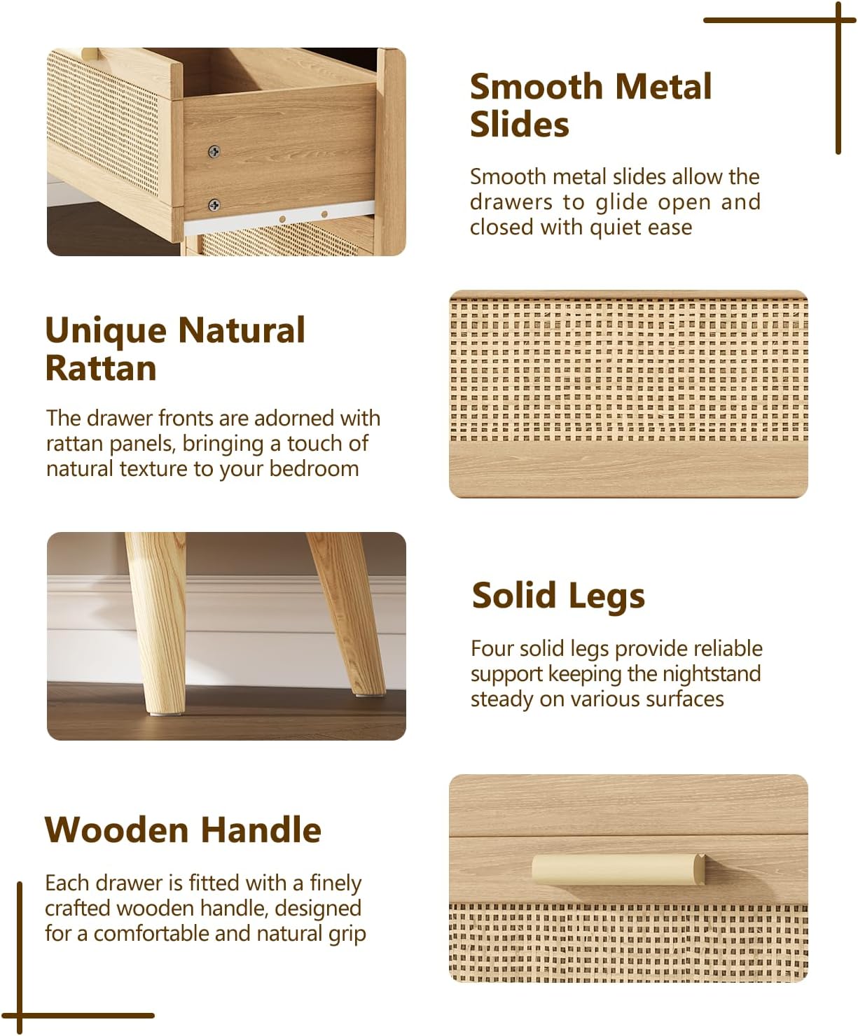 Keehusux 23.6" W Rattan Nightstand with Charging Station and 2 Drawers | Large Bedside Table, Wooden End Table with Solid Wood Legs, Boho Night Stand for Bedroom, Natural Oak KES009MECTG