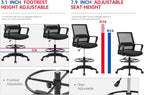 Home Office Tall Drafting Chair, Ergonomic Standing Drafting Office Chair Adjustable Height with Lumbar Support Arms Footrest Mid Back Desk Chair, Swivel Rolling Simple Chic Mesh Computer Chair, Black