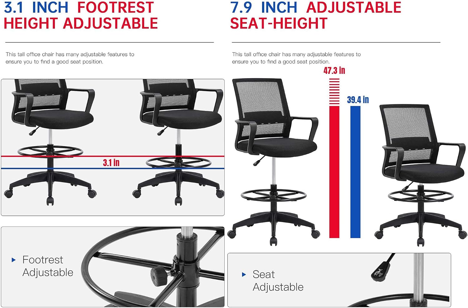 Home Office Tall Drafting Chair, Ergonomic Standing Drafting Office Chair Adjustable Height with Lumbar Support Arms Footrest Mid Back Desk Chair, Swivel Rolling Simple Chic Mesh Computer Chair, Black