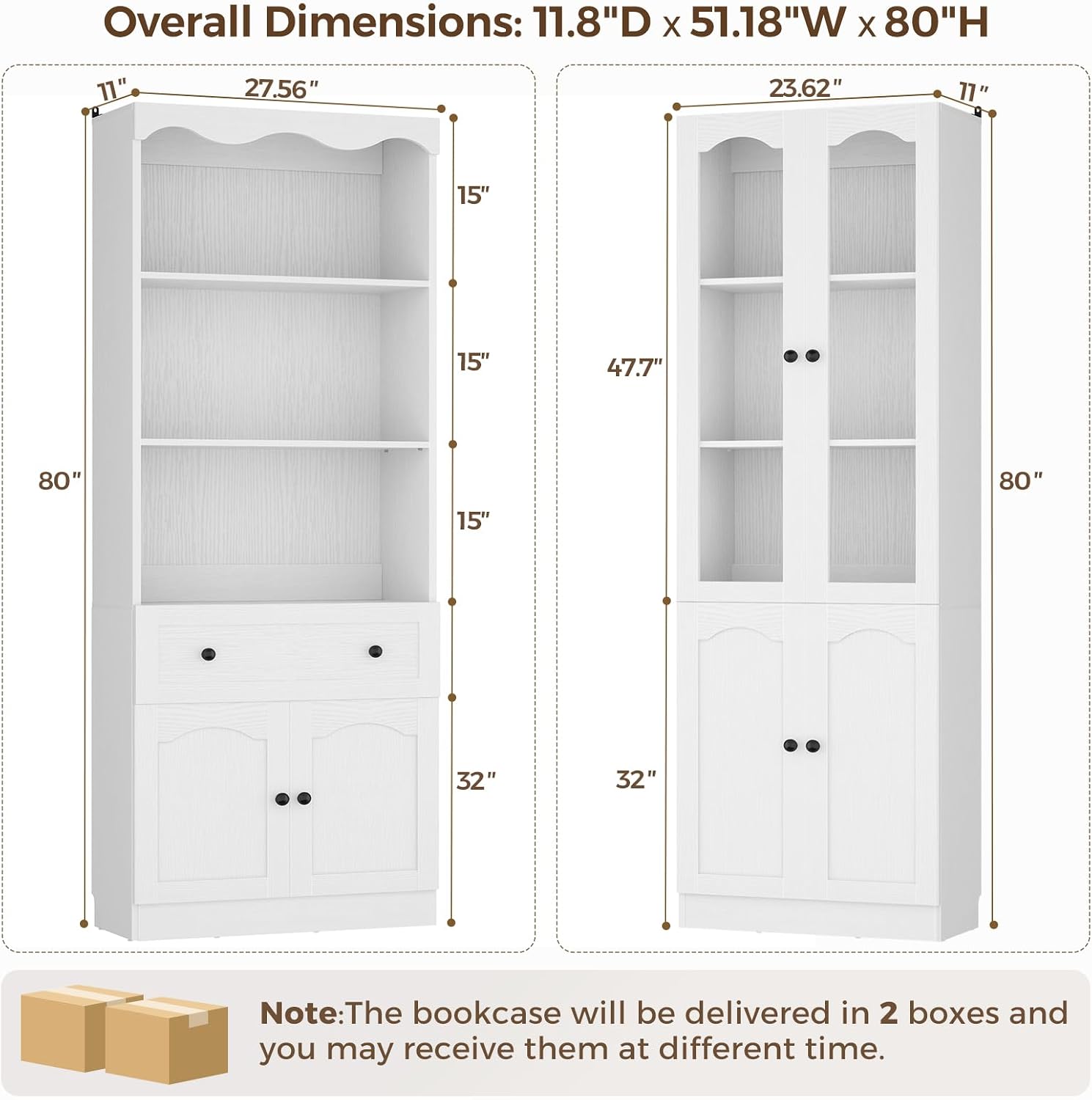 Cyclysio 2-Piece Pantry Cabinet Set, 80" Tall Kitchen Pantry Storage Cabinets with Glass Doors, Open Shelves and Drawer, White Pantry Hutch Set with Adjustable Shelf, 3.15" Baseboard Cutout