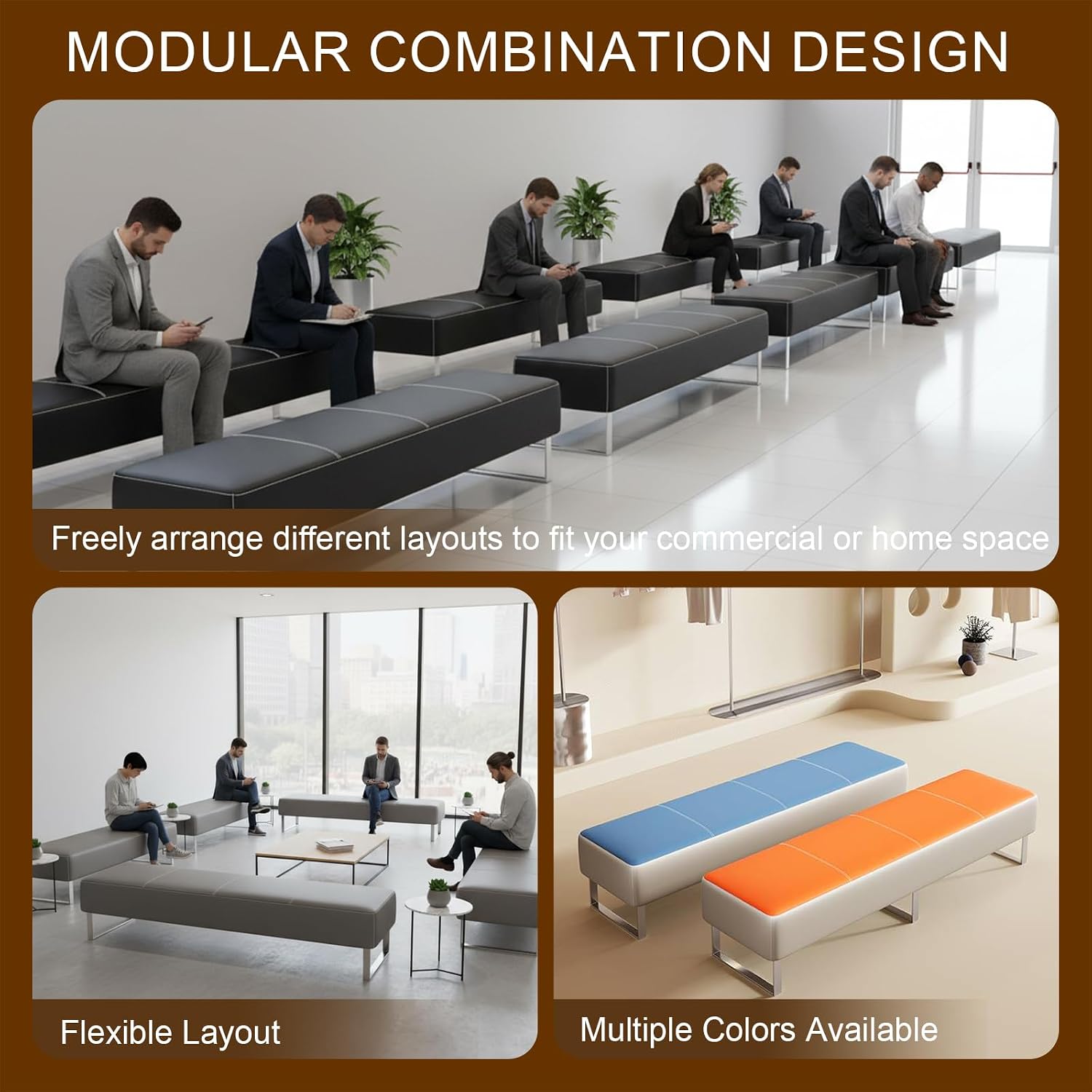 Faux Leather Reception Bench, Waiting Room Bench Upholstered Padded Seat for Salon, Reception, Conference Room, Office Lobby, Shop Gray 15.7" Dx47 Wx15.7 H