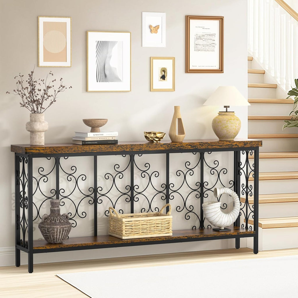 ikkle 70.9" Extra Long Console Table, Industrial Narrow Sofa Table Behind Couch with 2 Tier Storage Shelf, Entryway Hallway Accent Table for Living Room, Foyer, Rustic Brown