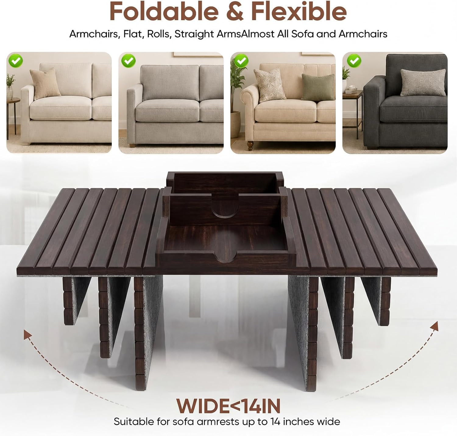 Bamboo Couch Arm Tray Table with Built-in Cup Holder, Foldable Anti-Slip Sofa Armrest Table for Drinks, Phone & Remote, Fits 4.7–16.9 in Armrests, Holds Cups up to 3.5 in Diameter (Brown)