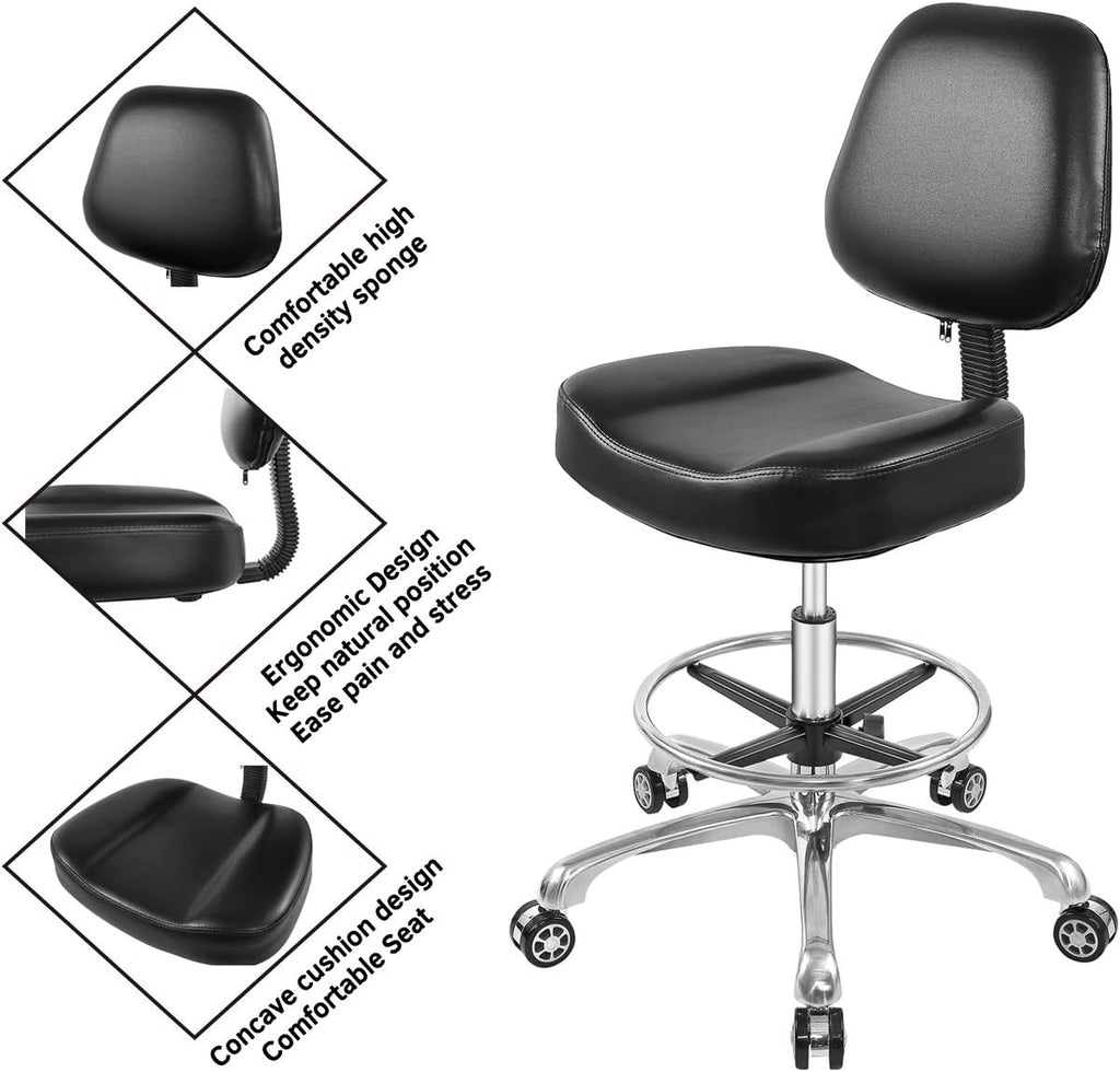 Lift Chair Adjustable Stool Drafting Chair with Backrest & Foot Rest Drafting Stool Swivel Seat Rolling Wheels for Studio Dental Office Salon Counter Home Desk Chairs (Black)