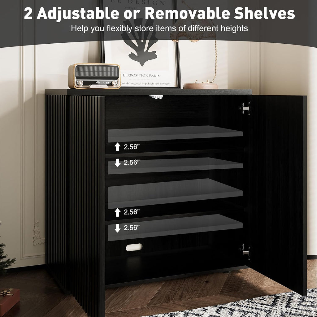 Rophefx Fluted Sideboard Cabinet, 94.5" Buffet Cabinet with Storage, Credenza Storage Cabinets with Adjustable Shelf, Wood Entryway Cabinets with Pop-up Doors for Living Room, Entryway, Hallway, Black