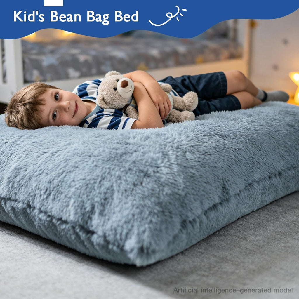 3 in 1 Kids Bean Bag Chair Bed, Kids Fluffy Stuffed Floor Pillow for Gaming and Reading, Ultra Soft Faux Fur Fabric Bean Bag Chairs to Lounger for Playroom, Living Room, Bedroom, Gray
