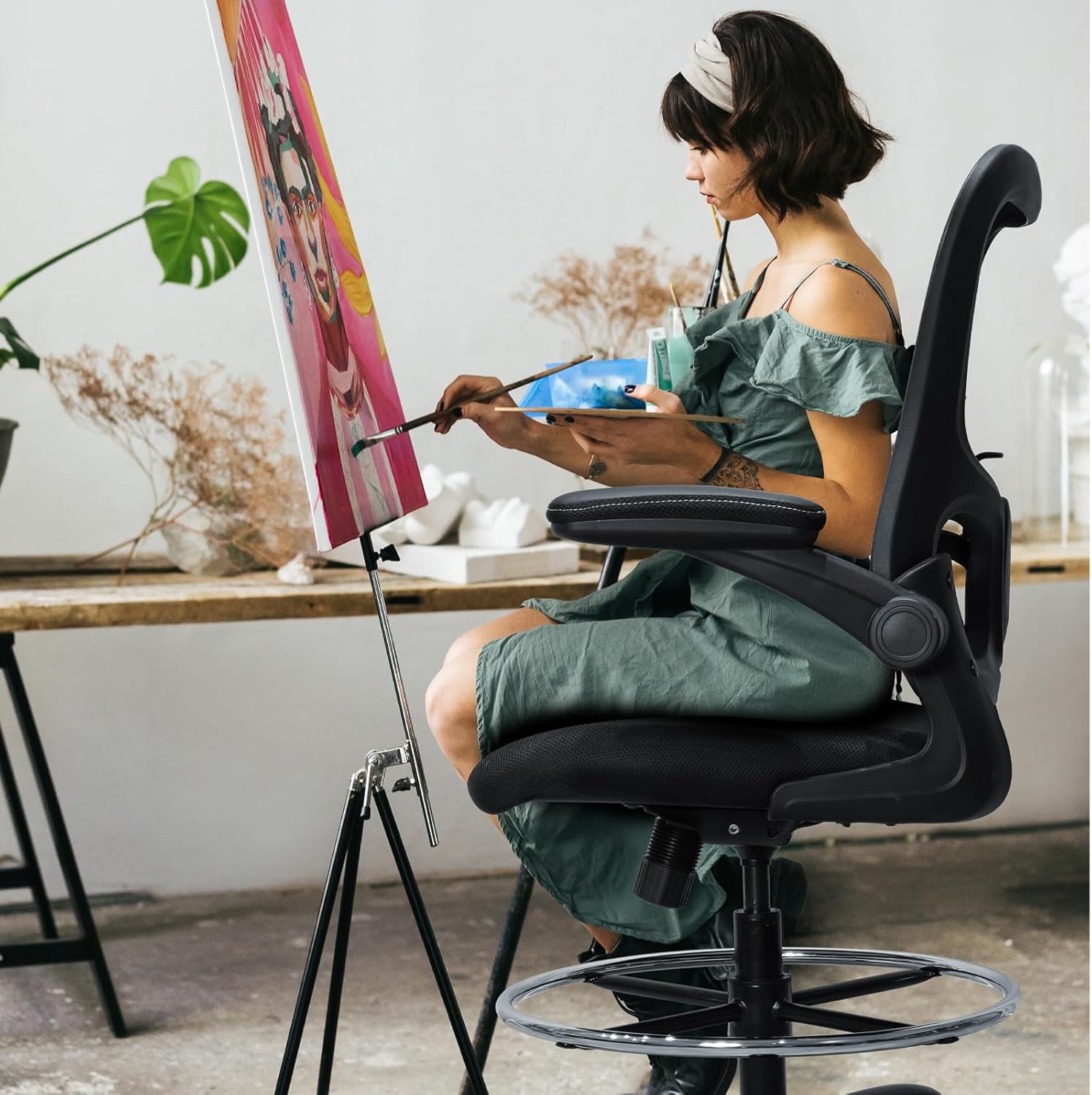 Drafting Chair, Ergonomic Tall Office Chair for Standing Desk, Counter Height Desk Chair with Adjustable Padded Armrests and Footrest Ring Standing Desk Chair Adjustable Height with Lumbar Support