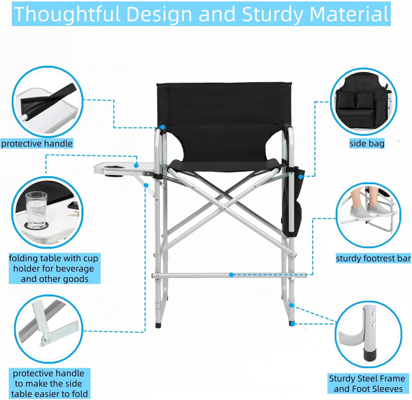 26.5" High Folding Directors Chair with Footrest, Side Table & Cup Holders - Portable for Camping, Fishing, Makeup Studios, and Indoor/Outdoor Use (Black)