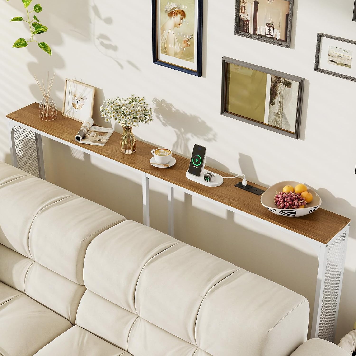 Giantex 71" Narrow Console Table with 2 Power Outlets and USB-C Ports, Sofa Tables with Charging Station & Metal Frame, Skinny Behind Couch Tables, Long Entryway Tables for Living Room, Natural+White
