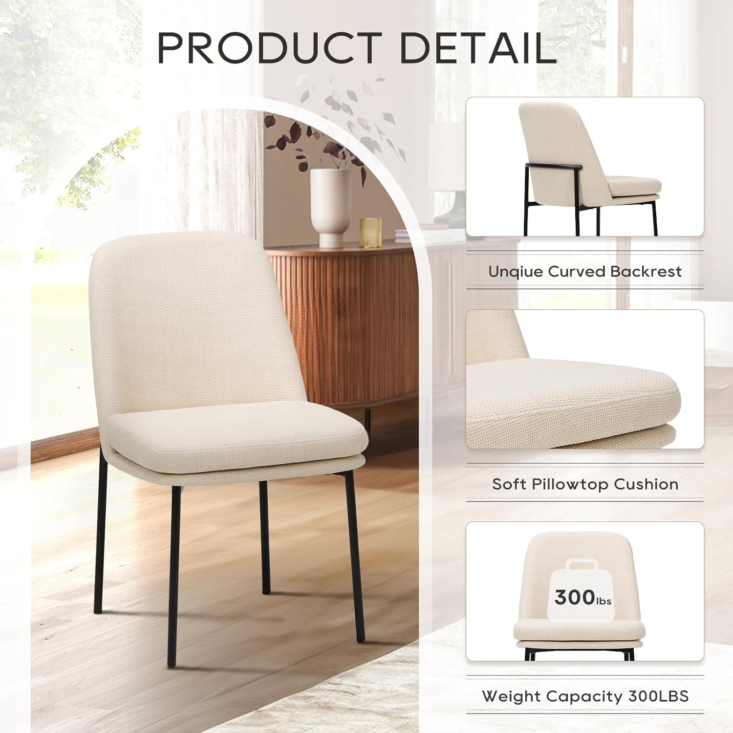 MALOL Dining Chairs Set of 6, Modern Dining Chairs, Fabric Upholstered Dining Chairs, Kitchen Chairs with Curved Back and Metal Legs for Dining Room Kitchen Restaurant, Beige