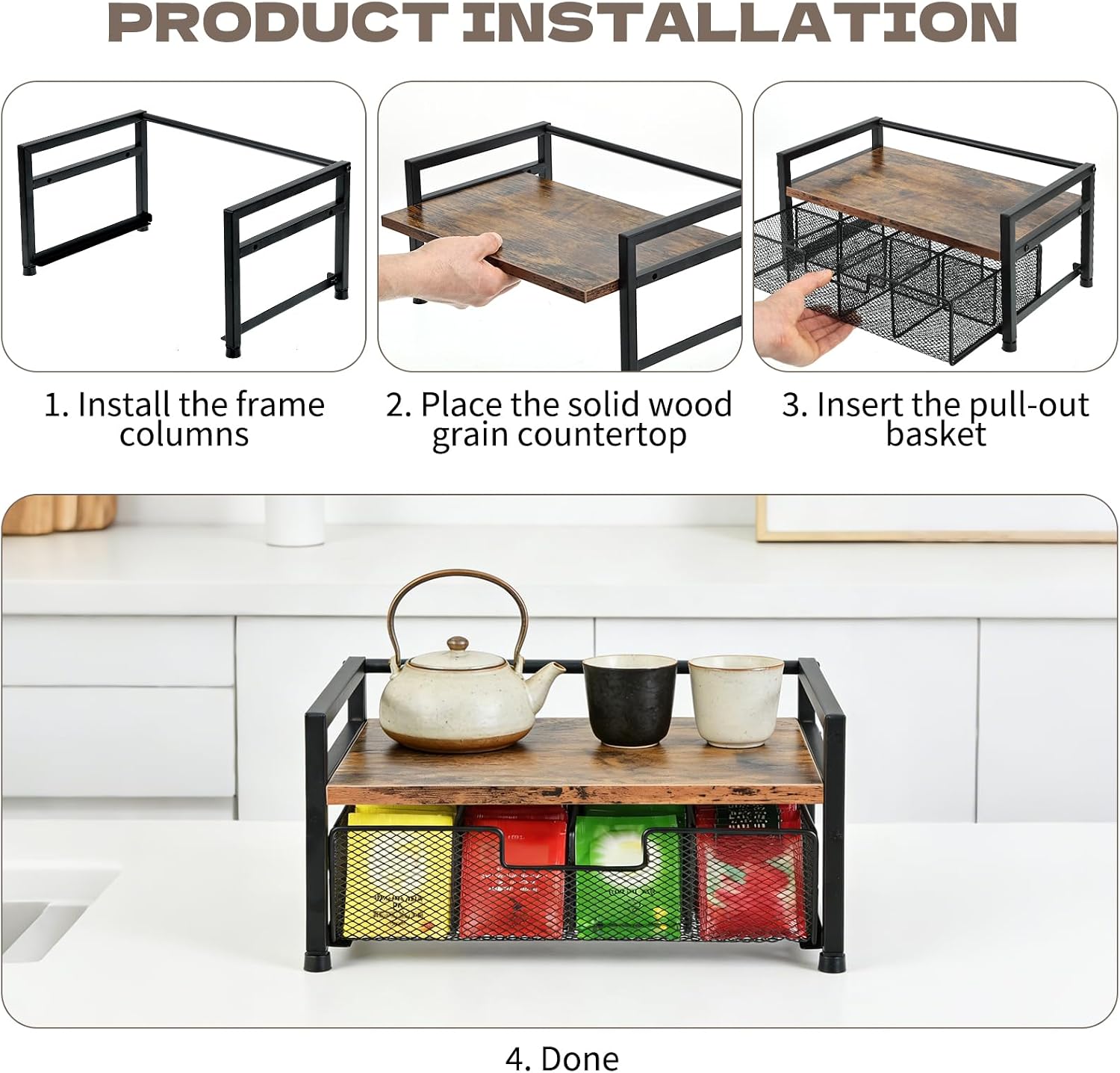 Tea Bag Organizer - 13"×7.9"×6.4" Wooden Tea Bag Holder with 8-Compartment Pull-Out Metal Mesh Drawer, Anti-Fall Guardrail Teabag Organizers and Storage Chest for Kitchen & Desk Countertop