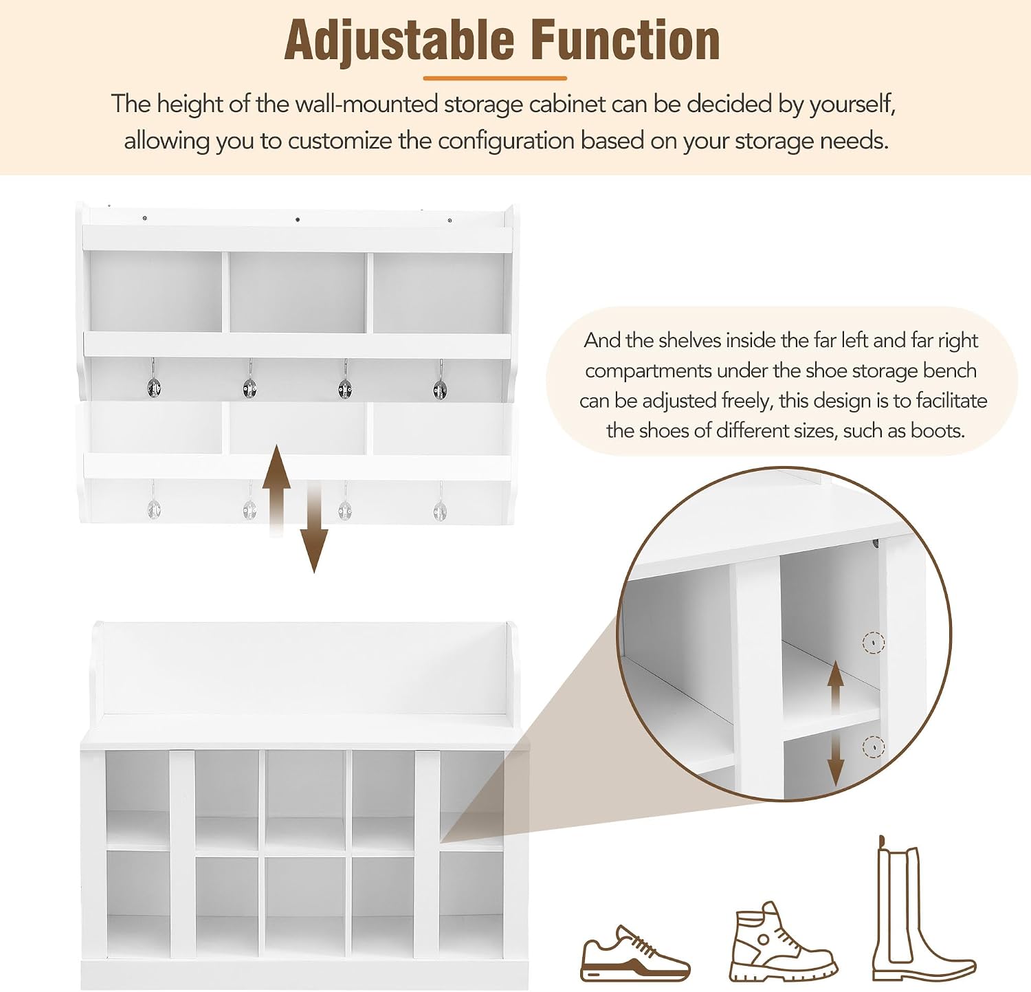 Shoe Storage Bench with Shelves and 4 Hooks, Elegant Hall Tree with Shoes Cubbies and Wall Mounted Coat Rack, Entryway Organizer For Hallway, Foyer, Mudroom, White