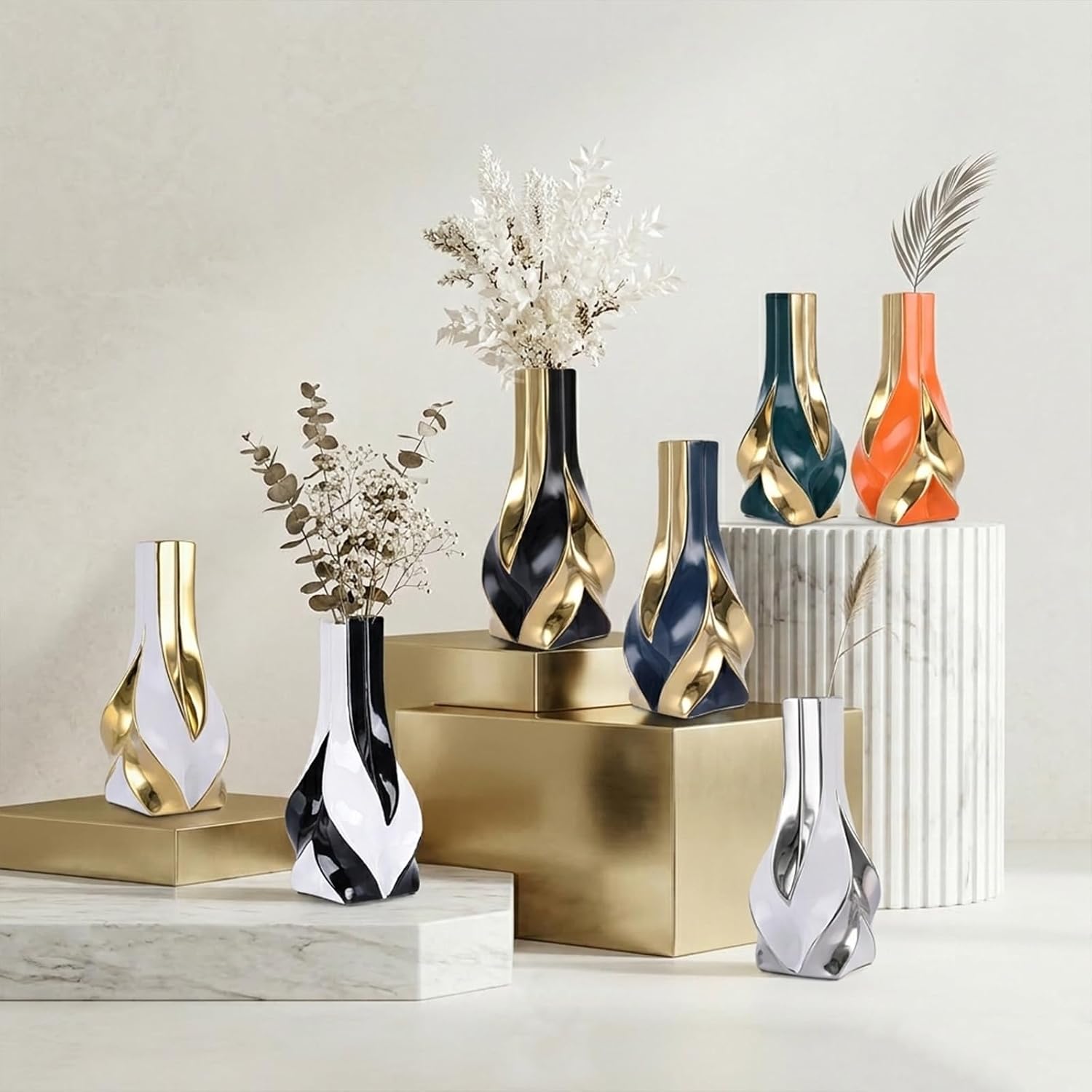 10.6" Black and Gold Ceramic Vase, Modern Geometric Flower Vase for Dining Table Centerpiece, Elegant Decorative Vase for Pampas Grass, Living Room, Bedroom, Office, Tabletop Decoration
