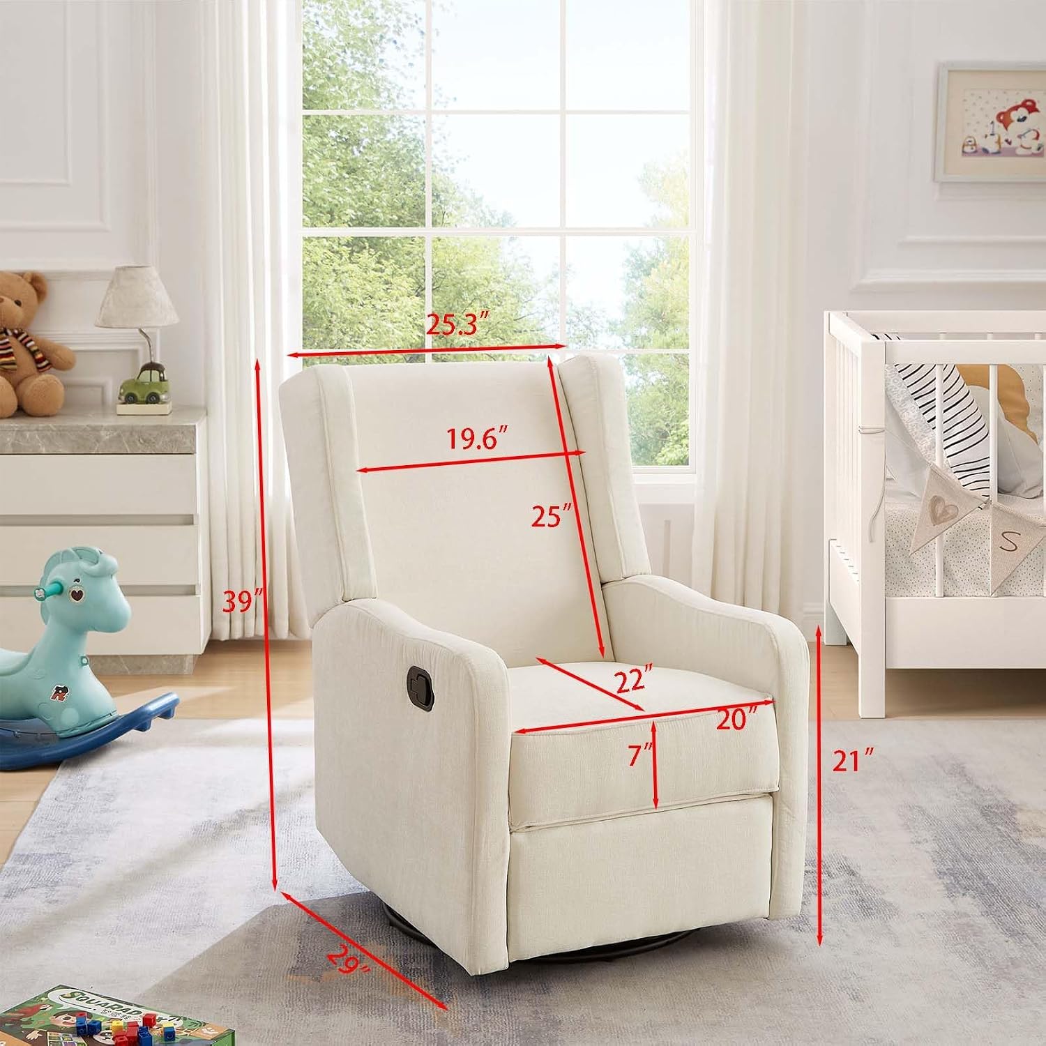 360° Swivel Nursery Glider Recliner Chair, Comfy Upholstered Rocker Recliners for Adults, Modern Ergonomic Nursing Rocking Chair with Footrest and Wingback for Living Room, Bedroom, Lounge, Beige