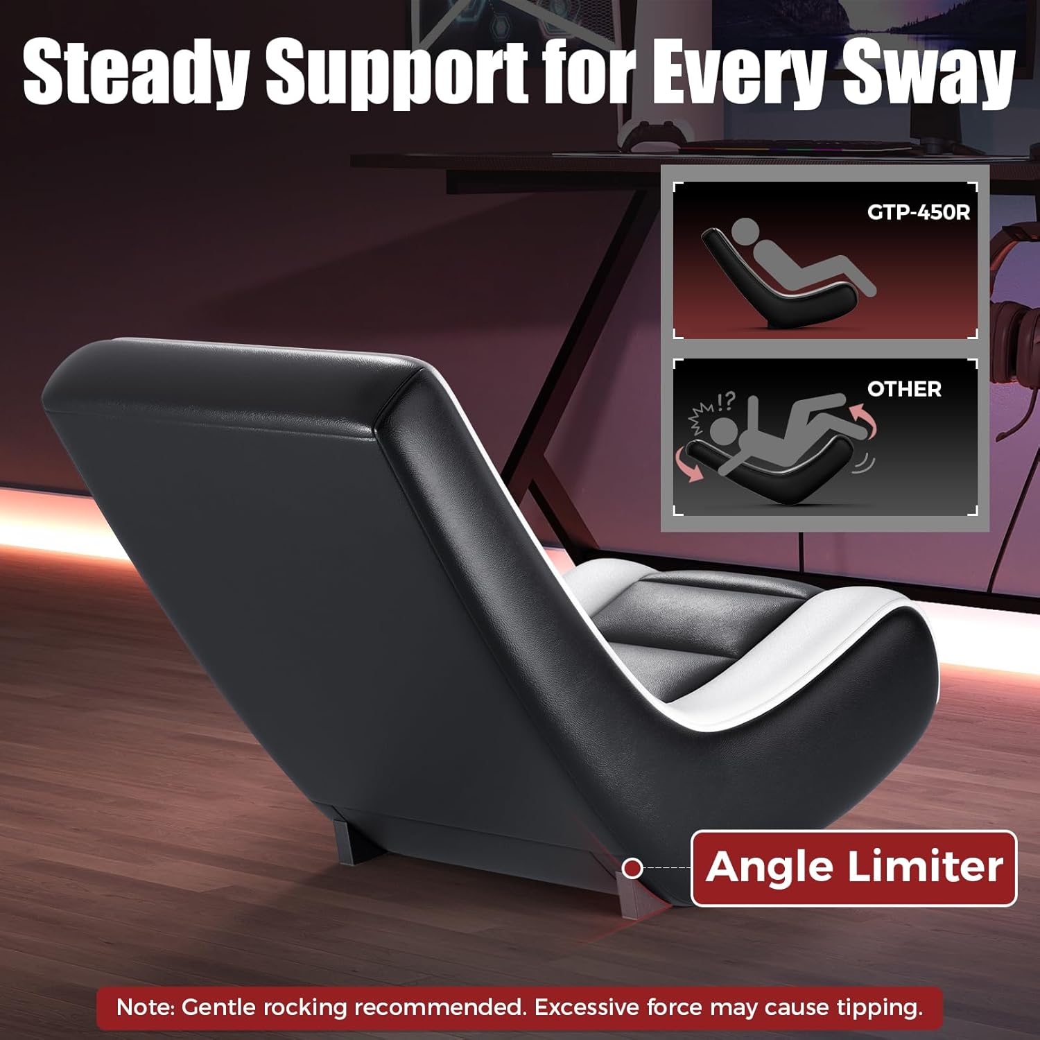 GTPLAYER Floor Rocker Gaming Chair – Adjustable Angle Limiter, Ultra Lightweight Ergonomic Floor Rocking Game Seat for Gaming and Lounging, Black & White