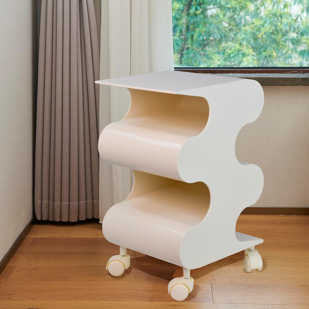 ABS Movable Side Table with Wheels & Rotation, Modern Multi-Layer Nightstand with Storage, Minimalist Sofa End Table for Bedroom, Living Room, Kitchen (White)