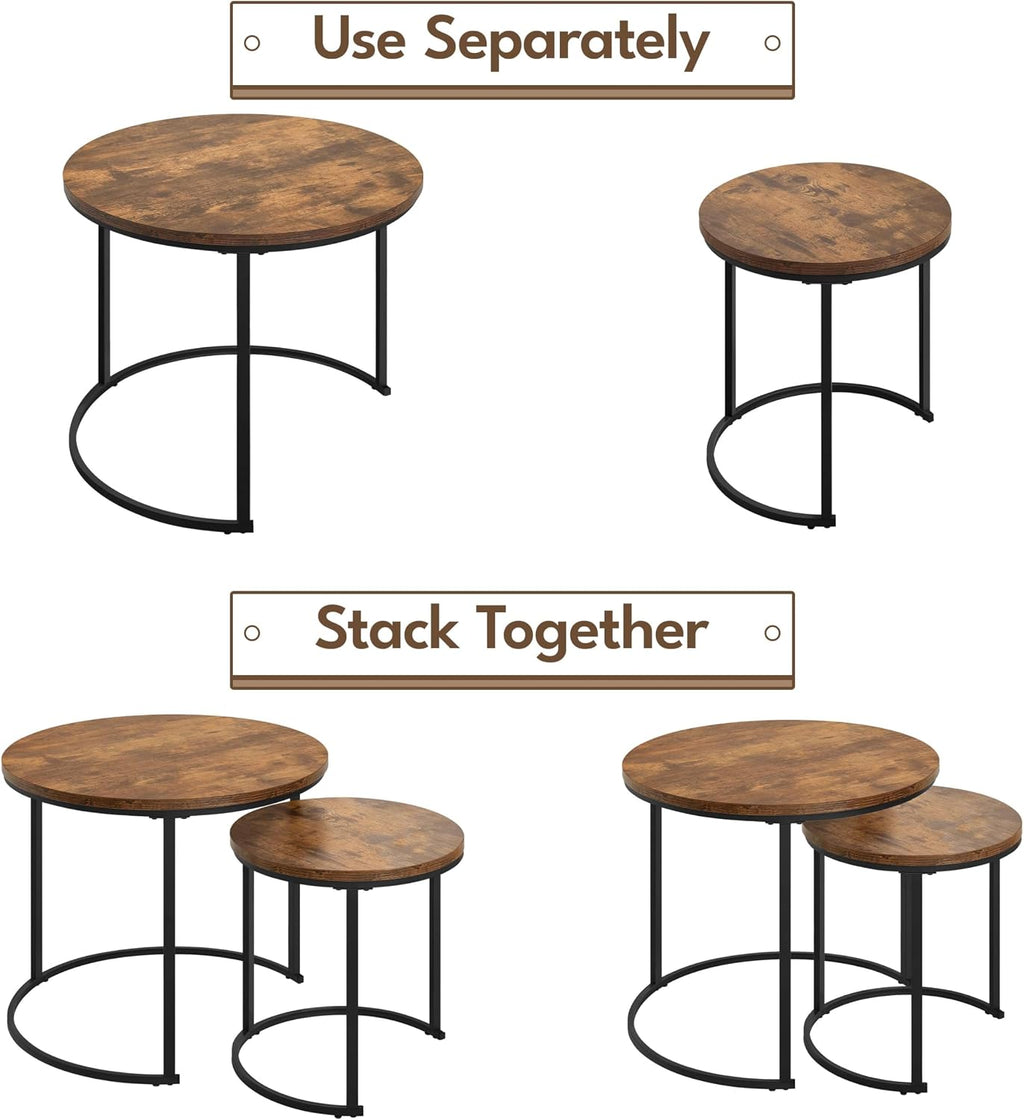 Yaheetech Nesting Coffee Table, Round Coffee Table for Living Room, Nesting Table with Wooden Tabletop and Sturdy Metal Frame, Stacking Living Room Tables Nesting End Table Set of 2, Rustic Brown