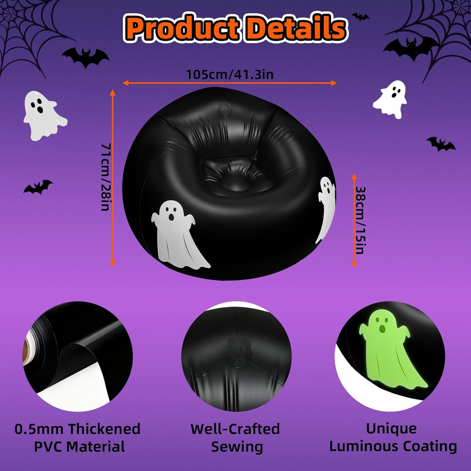 Inflatable Bean Bag Chair Sofa for Kids with Ghost Pattern Glow in the Dark, Blow up Air Lounge Chairs Furniture Couch for Camping Movie Night Party Halloween Decorations Decor