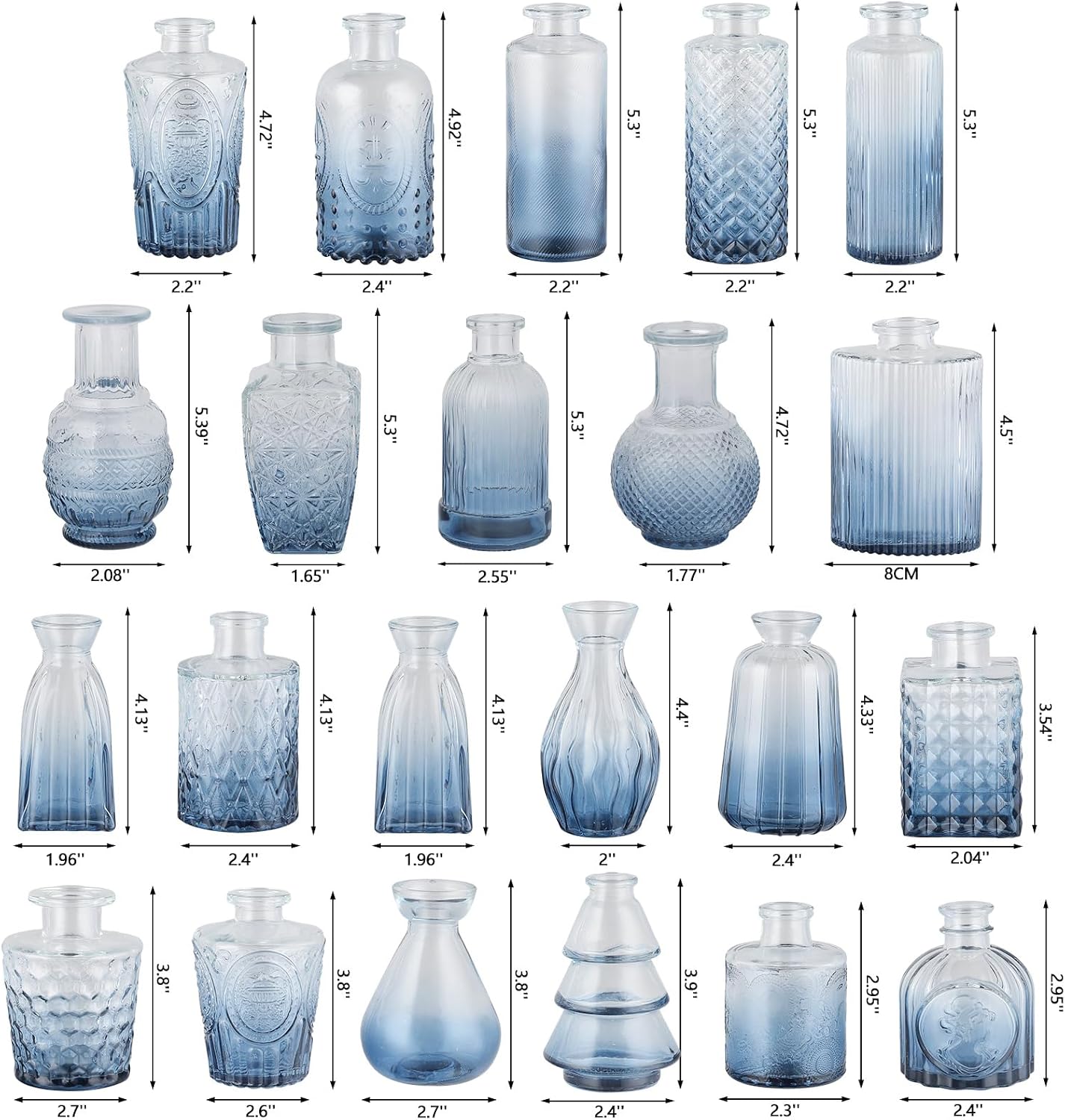 RUCKAE Glass Bud Vases Mini Flower Vase Small Vintage Vases for Centerpiece Table Wedding Decorations Home Decor Party(Gradient Blue 22 Pack)