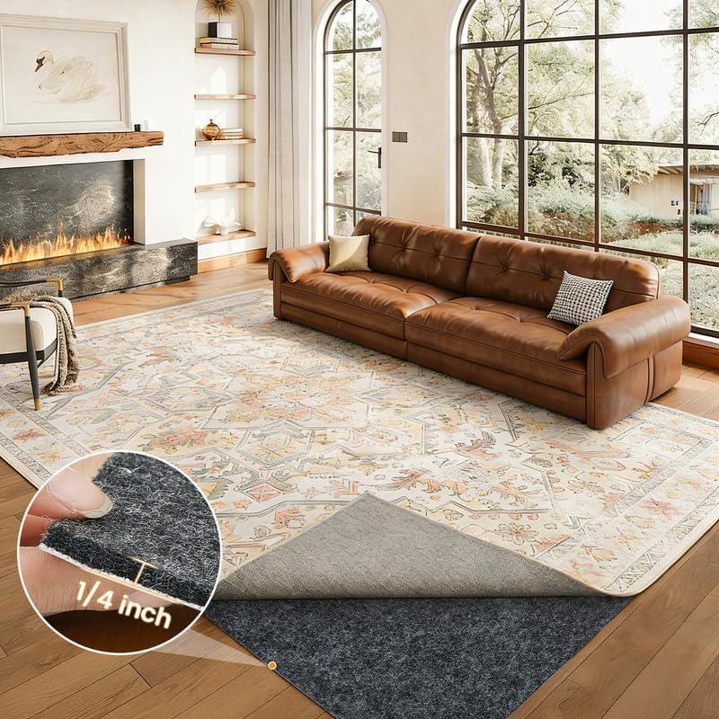 8x10 Ft Non Slip Rug Pad, Dual Surface Felt and Rubber Gripper Backing, 1/4 inch Thick Carpet Liner for Hardwood Floors, Under Area Rug Protective Cushioned Pads, Keep Rugs Safe and in Place