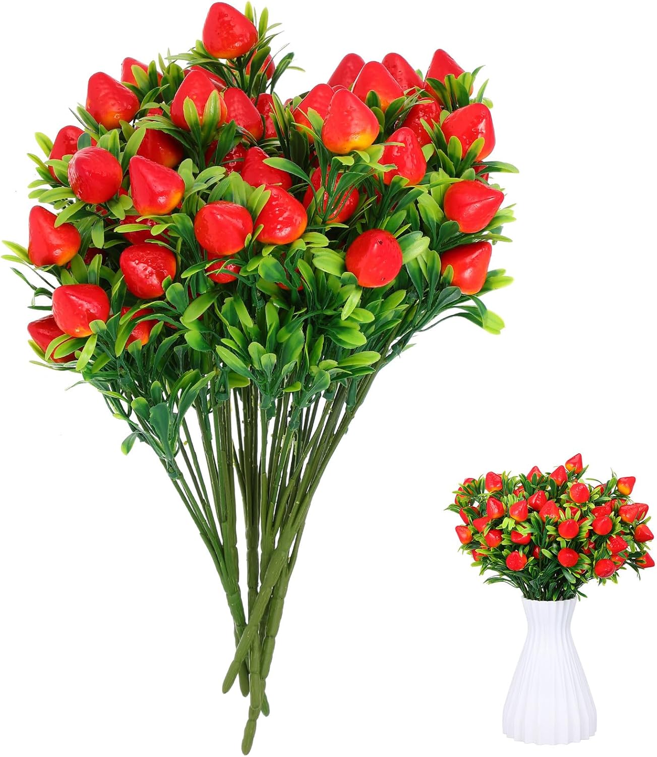 Veemoon 6 Pcs Artificial Strawberry Stems, 10.61 Inch Fake Red Berry Branches Plastic Fruit Picks, Faux Plants Floral Arrangement Centerpieces for Home Kitchen Vase Wreaths Summer Party Decor