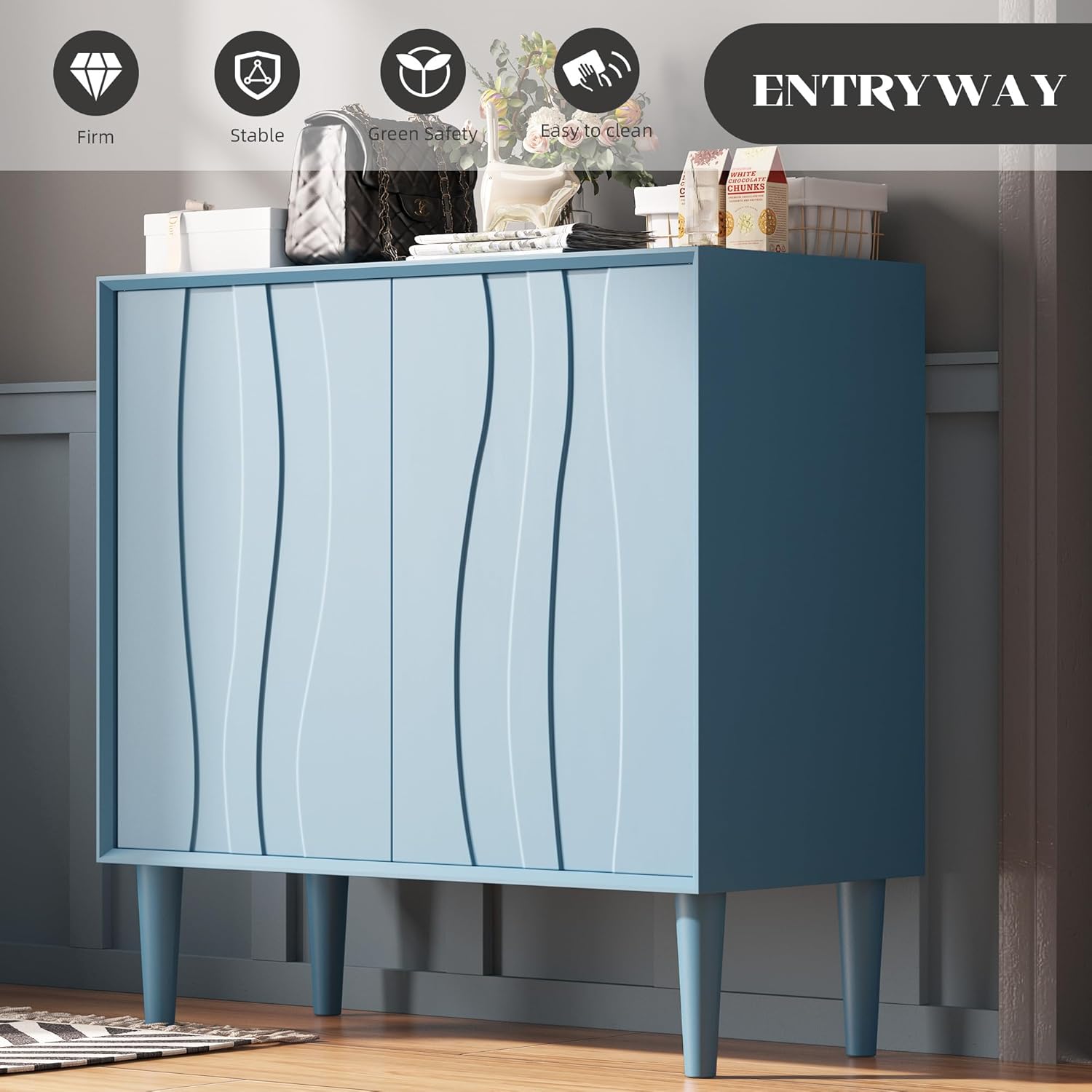 Easyego 31.5" Mid Century Modern Cabinet, Sideboard Buffet Cabinets with 2 Doors, Wood Accent Storage Cabinets with Adjustable Shelves and Line Panels for Living Room, Entry Way, Dinging Room -Blue