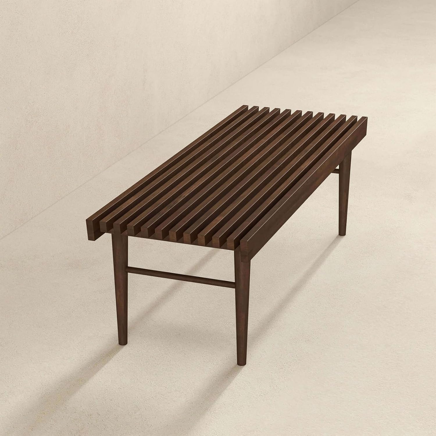 Mid Century Modern Solid Wood Bench with Natural Walnut Stain Finish 15.5'' H x 47.2'' W x 18.1'' D for Living Room, Hallway, Bedroom, Bathroom