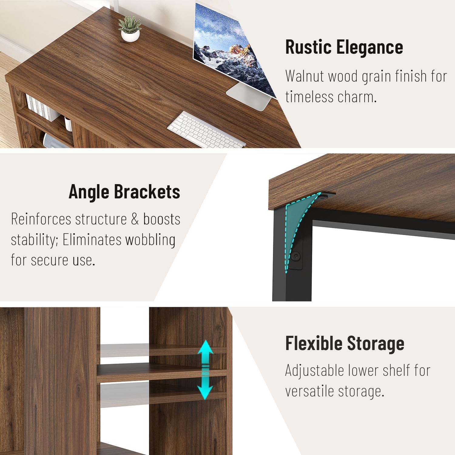 EXCEFUR Home Office Desk with Storage, Modern Computer Desk with Reversible Shelves, Gaming Study Writing Table Workstations for Living Room Bedroom, 53 Inch, Rustic Walnut