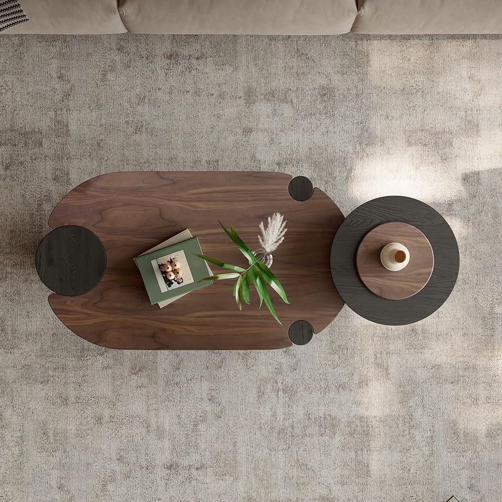 Mobile Side Table Modern Wooden Nesting Coffee Table Set Oval & Round Living Room Office Contrast Finish