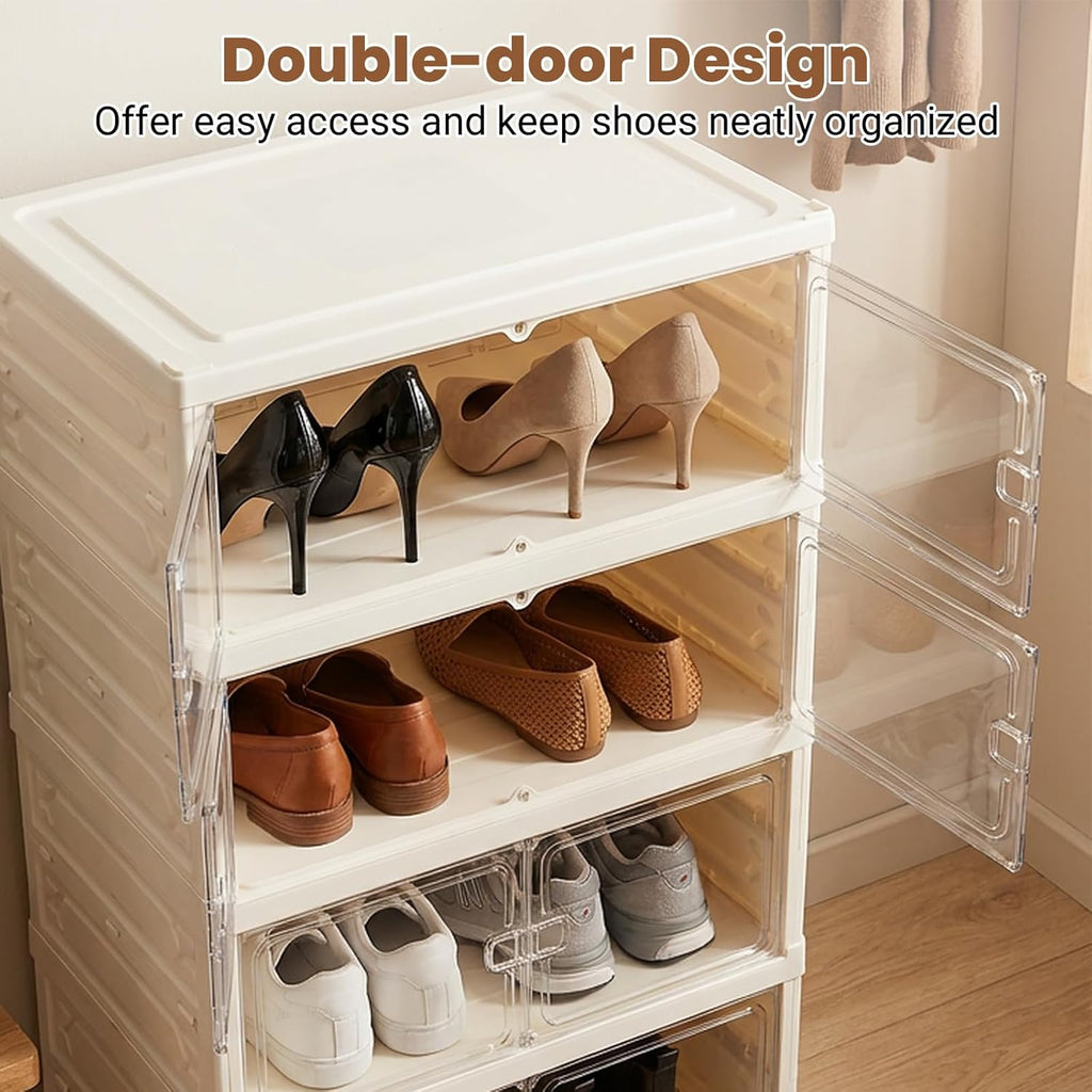 GOFLAME Foldable Shoe Rack Organizer, 6-Tier 12 Pairs Collapsible Shoe Cabinet with Magnetic Clear Doors, Portable Shoe Storage Box, Stackable Shoe Shelf for Closet, Entryway, Easy Assembly