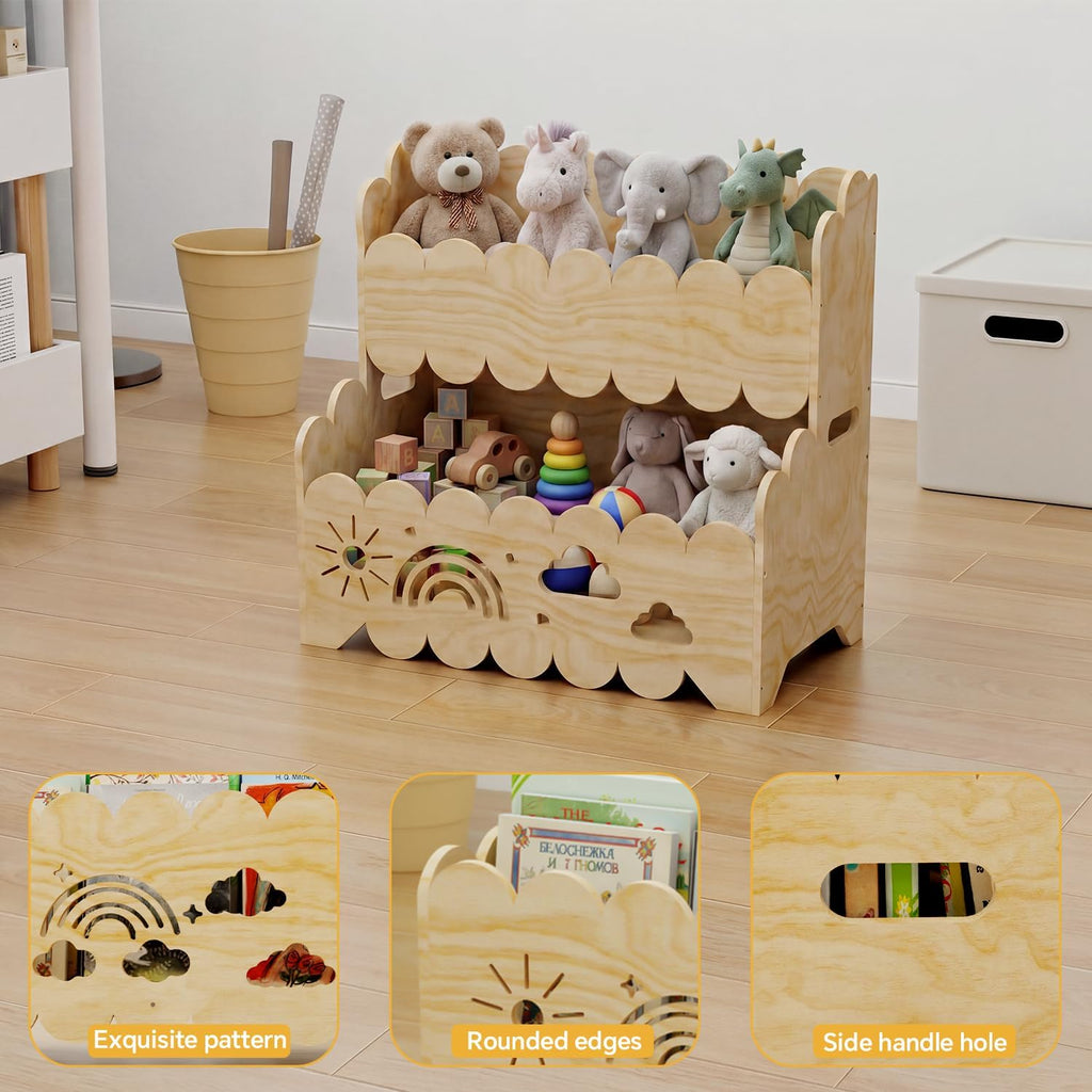 Solid Wood 2-Tier Kids Toy Storage Organizer, Kids Bookshelfs,Montessori Bookshelf Large Stuffed Animal Storage Bin Toddler Playroom Toy Box, Suitable for Kids Rooms, Nursery, Toddler Book Rack