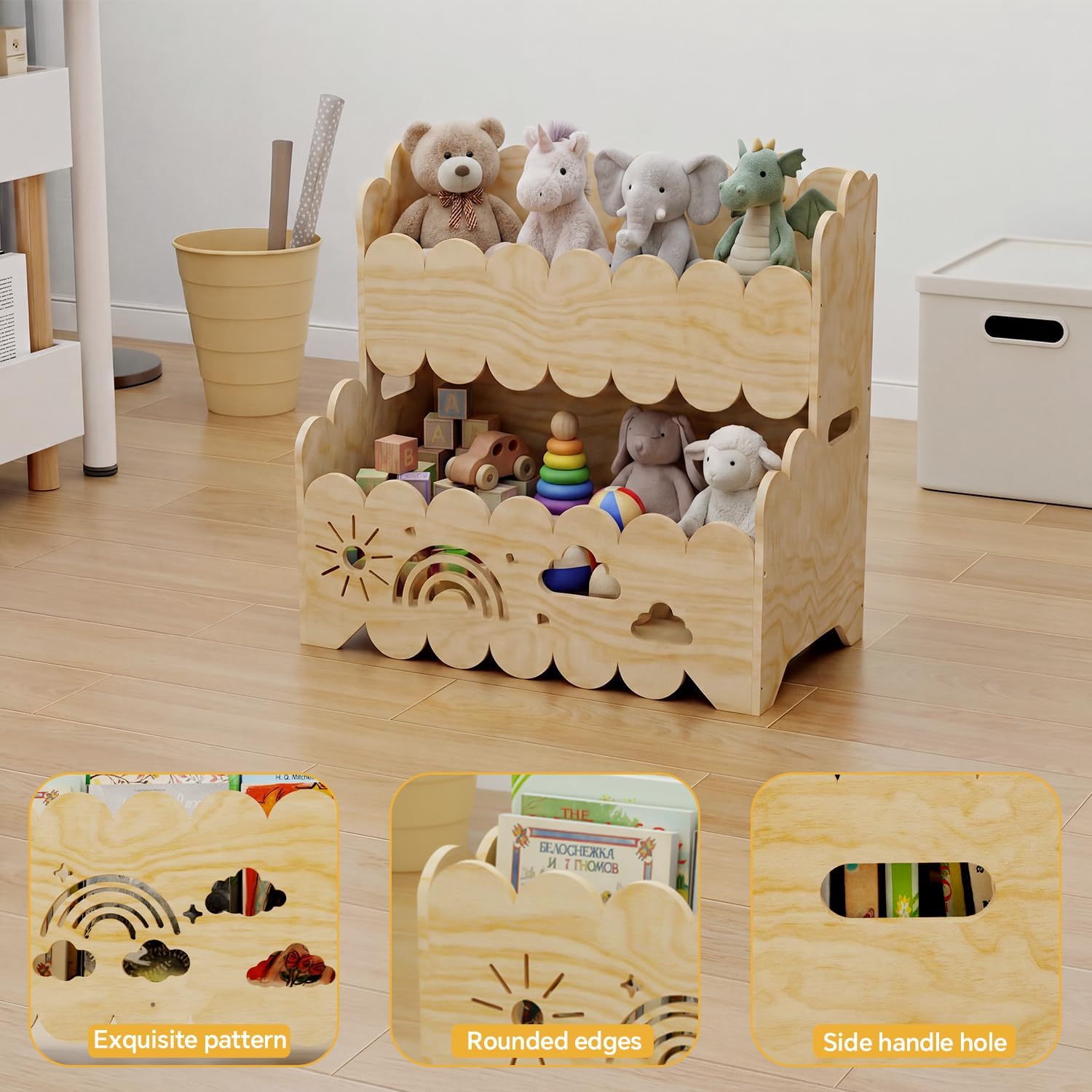 Solid Wood 2-Tier Kids Toy Storage Organizer, Kids Bookshelfs,Montessori Bookshelf Large Stuffed Animal Storage Bin Toddler Playroom Toy Box, Suitable for Kids Rooms, Nursery, Toddler Book Rack