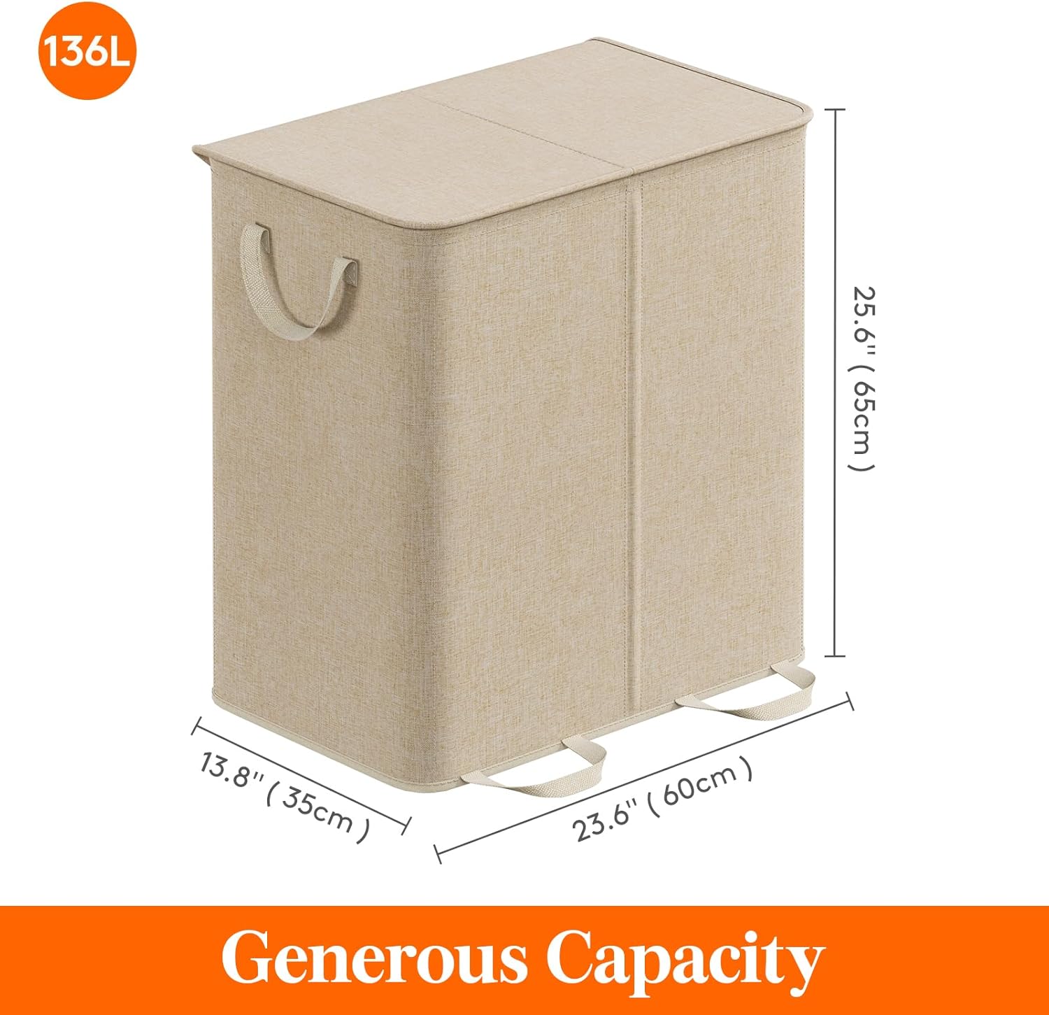 Lifewit Double Laundry Hamper with Lid and Removable Laundry Bags, Large Collapsible 2 Dividers Dirty Clothes Basket with Handles for Bedroom Laundry Room Closet Bathroom College, 136L Beige